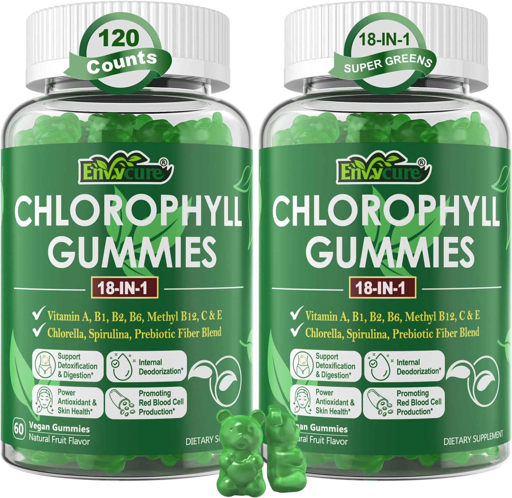 Chlorophyll Gummies, Super Green 18-IN-1 with Organic Chlorella Spirulina, Wheat Grass, Magnesium, Prebiotic Fiber for Internal Deodorant*,Comfort Digestion, Metabolism,Immune, Fresh Body Odor, 2Packs