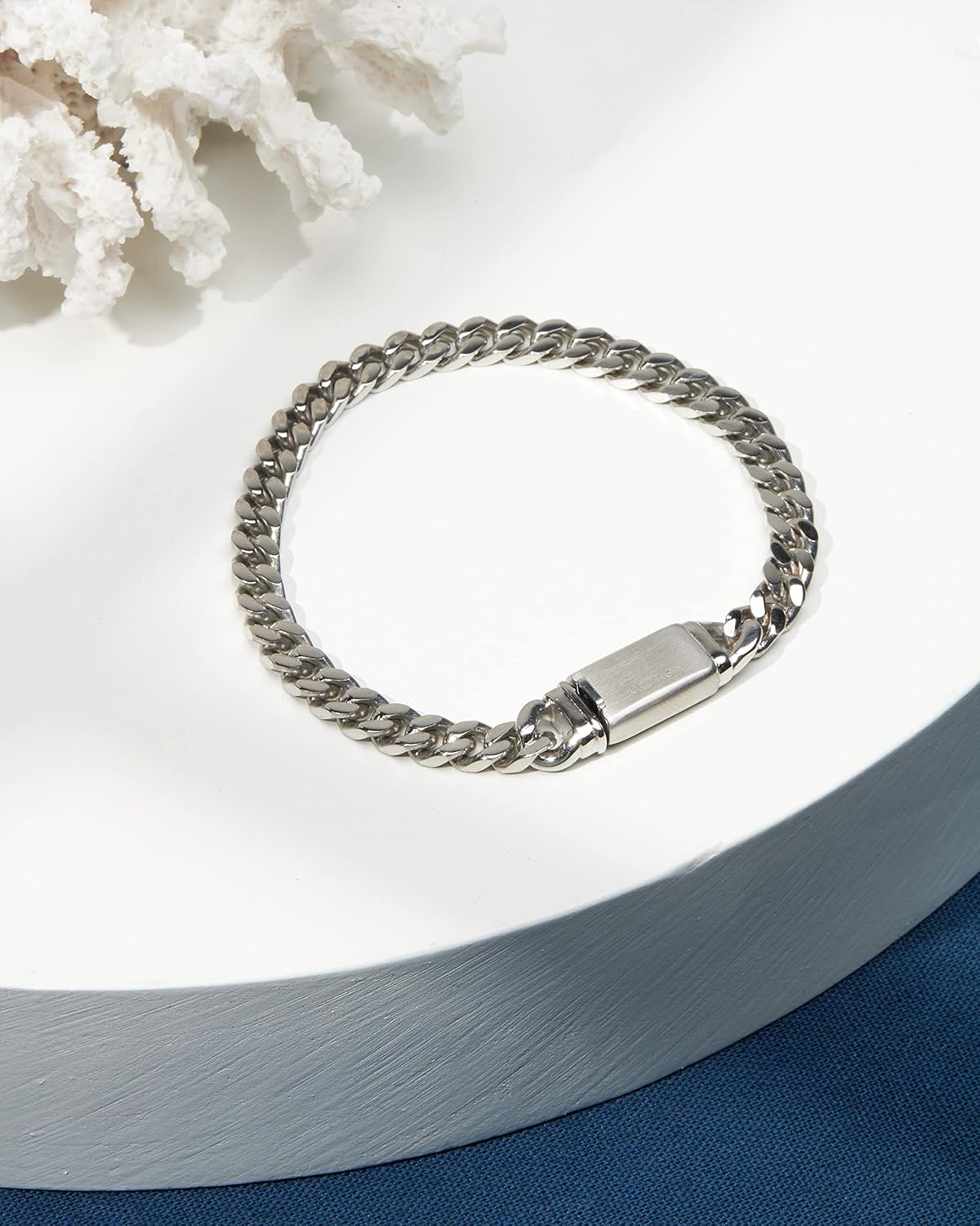 Nautica Curb Link Chain Stainless Steel Bracelet for Men ID Bar Clasp Sailboat Logo - Image 2