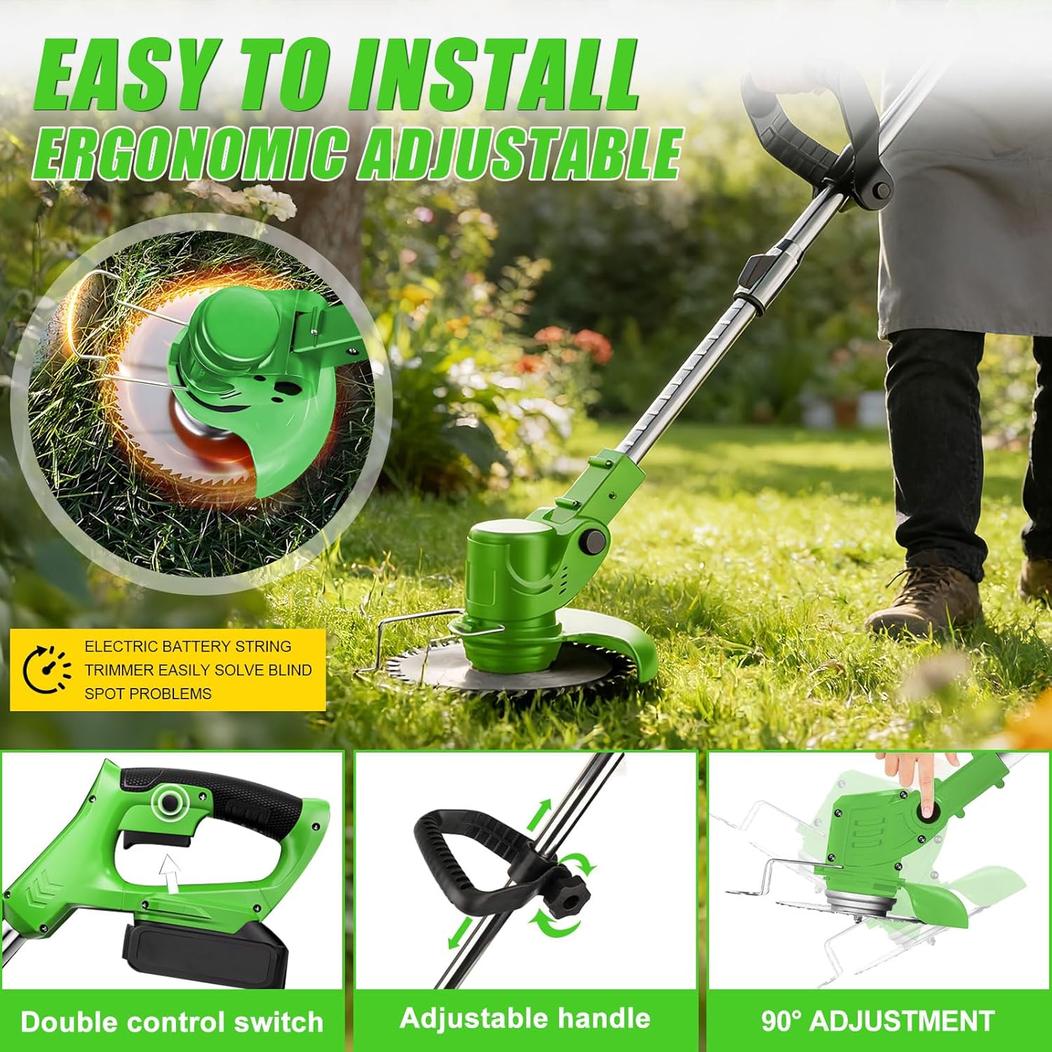 Electric Cordless Weed Wacker Weed Eater Battery Powered Grass Trimmer String Trimmer Brush Cutter with Fast Charger 3 Types Blade 2x2000mAh Batteries for Garden Lawn Yard Green
