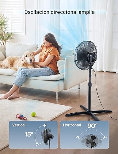Miniatura 3 de PELONIS Ventilador de pedestal de 16 pulgadas para dormitorio, ventilador oscilante, 3 velocidades, oscilación de 90°, altura ajustable, ventilador
