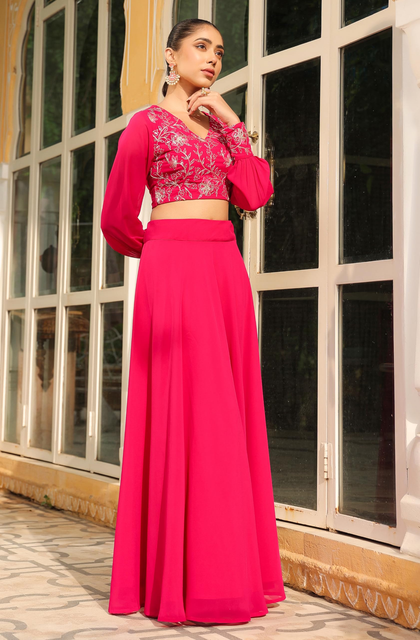 Janasya Women Georgette Embroidered Top & Skirt Pink Color Trending Outfit - Image 6 thumbnail