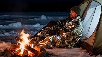 Camo Emergency Mylar Blankets(2 pcs) + Orange Emergency Ponchos(2 pcs) Waterproof & Thermal for Camping Hiking