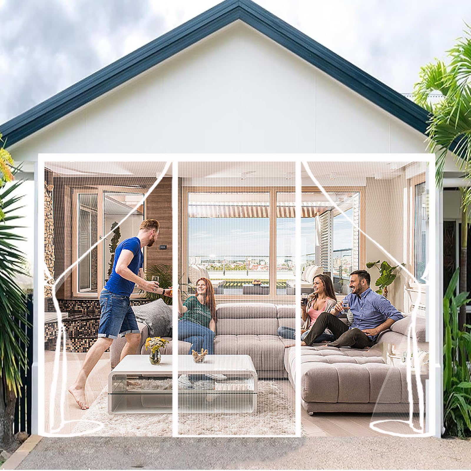 Rideau magnétique double porte coulissante terrasse blanc 300x220