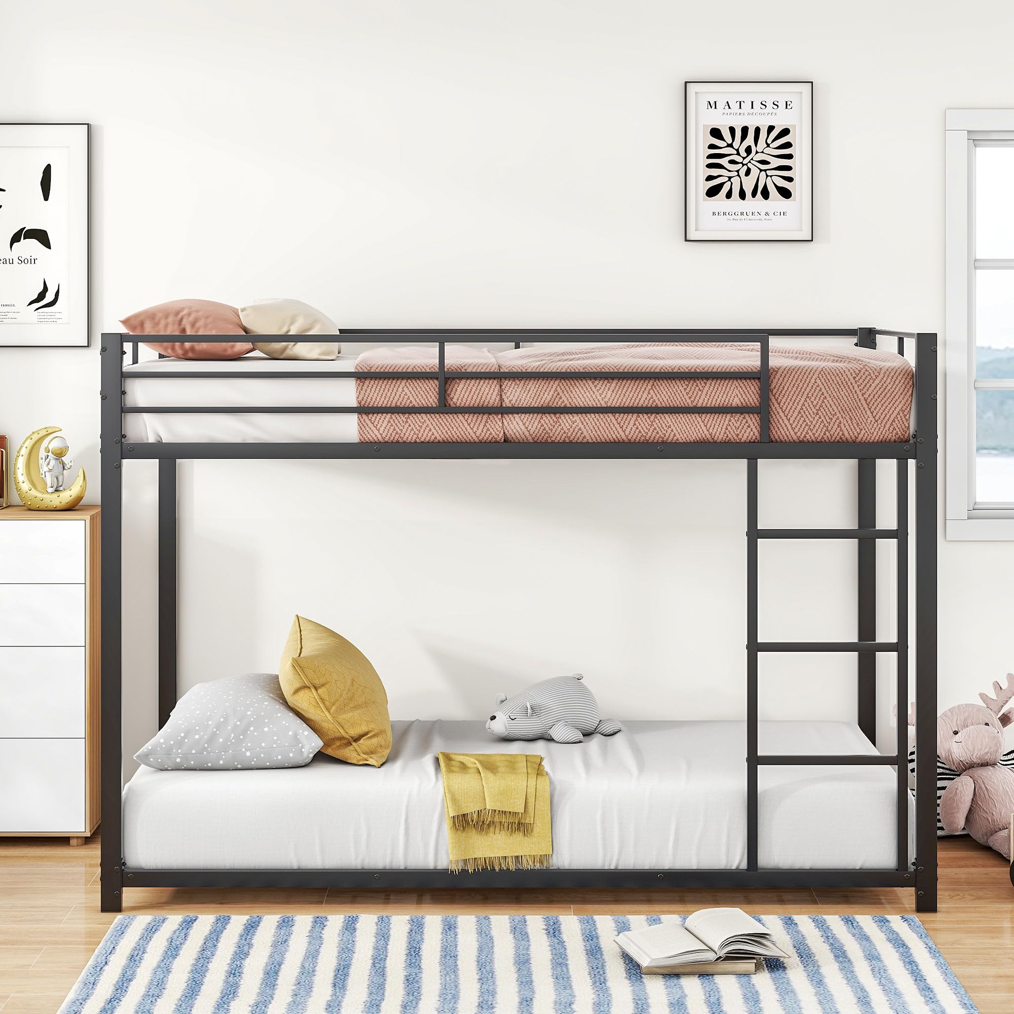 LIFEZEAL Stapelbed, verdeeld in 2 eenpersoonsbedden, 198 x 95 cm, voor kinderen en volwassenen, van metaal, met ladder, barrière, valbeveiliging, net, frame, basis, platform, slaapkamer, slaapzaal