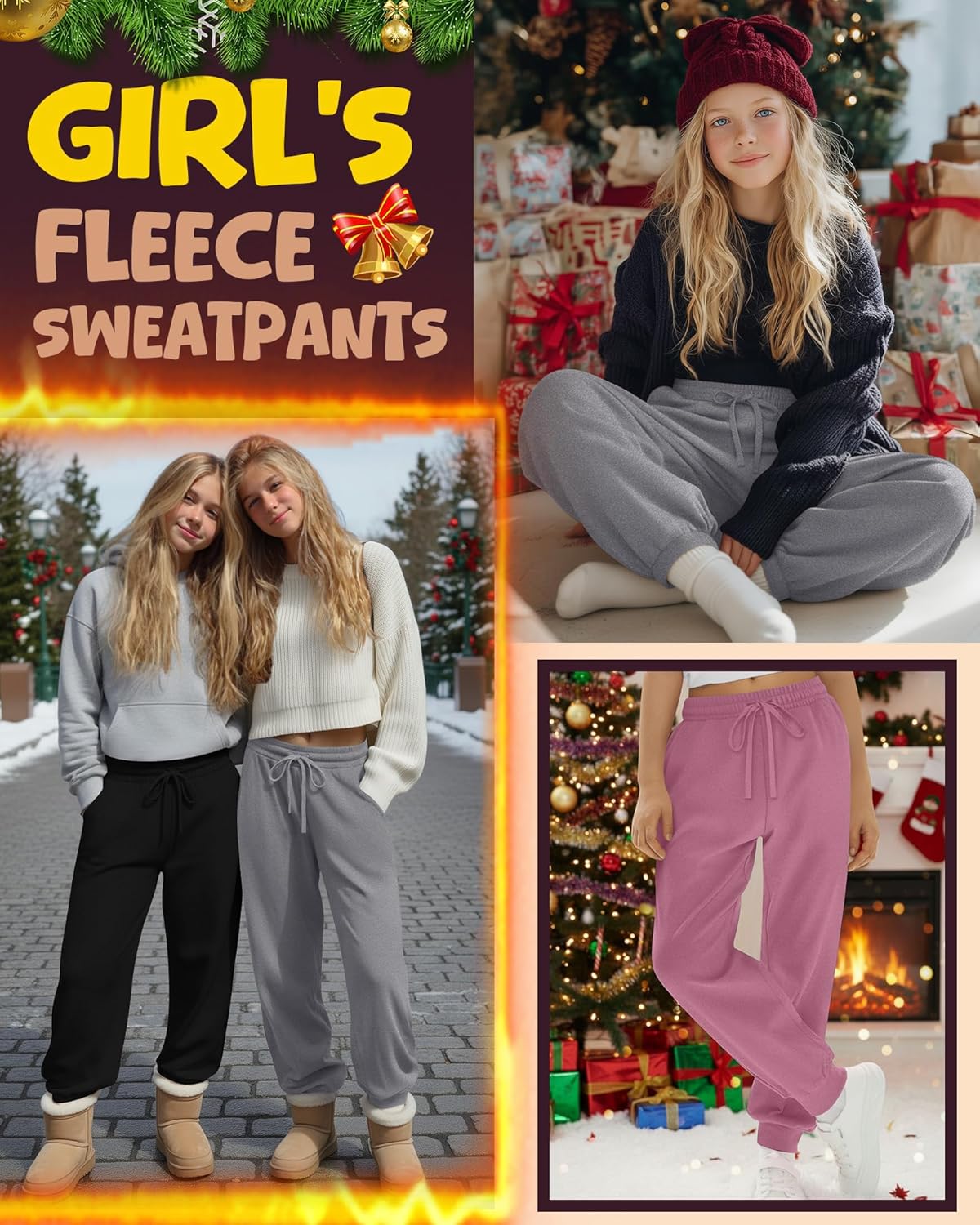 3 Pack Girls' Sweatpants Active Fleece Soft Athletic Jogger Pants for Kids Youth with Pockets Drawstring - Image 2
