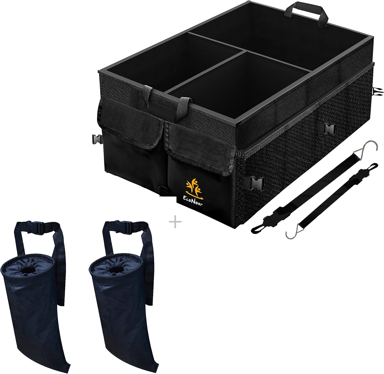 EcoNour Car Trash Bag (2 Pack) + Trunk Organizer for Car | Collapsible Caddy Trunk Organizers with Removable Dividers | Car Garbage Bag Hanging for Consoles & Headrests