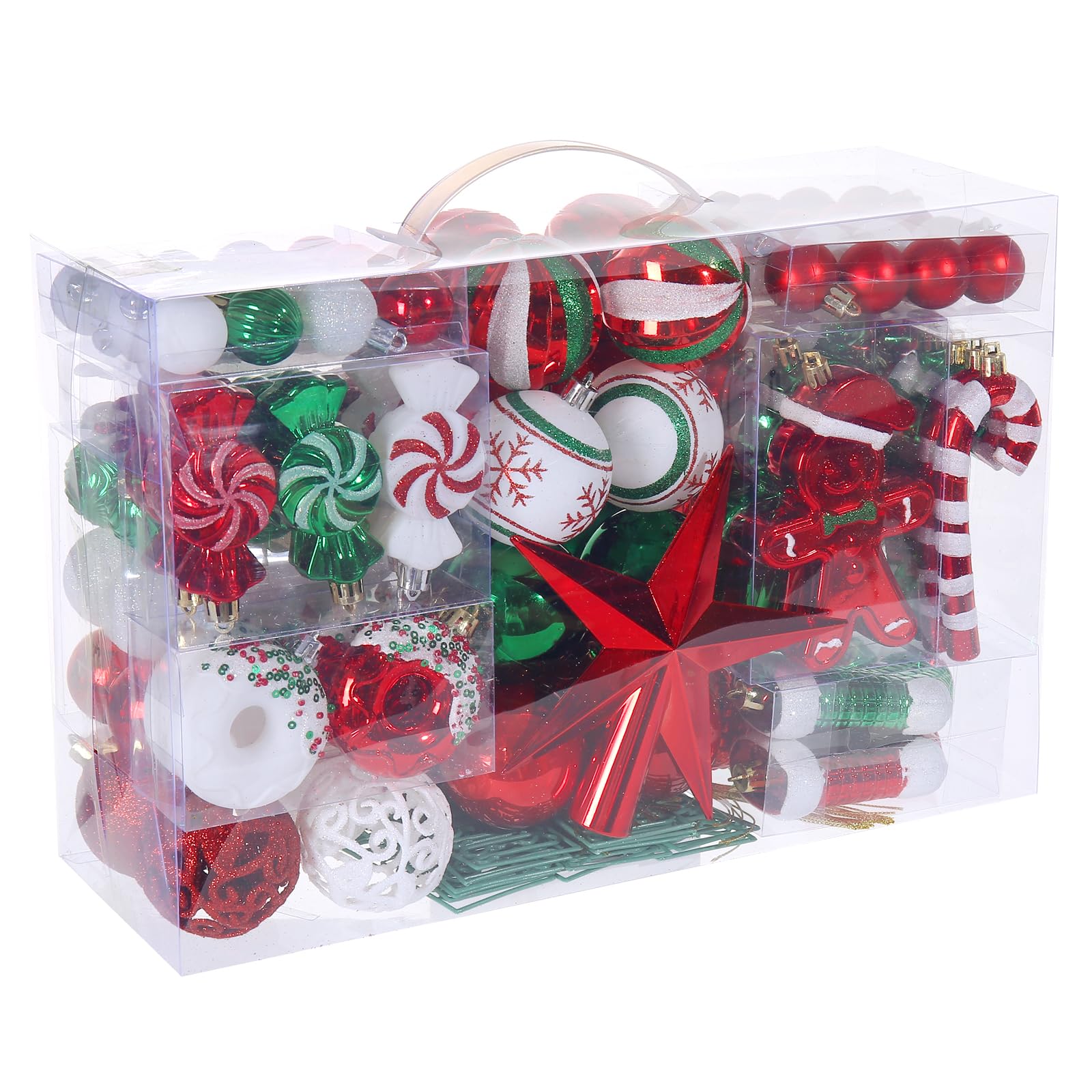 Juego de 125 adornos de Navidad, decoración de árbol de Navidad rojo y verde, bolas colgantes decorativas inastillables para fiestas de Navidad, decoración del hogar