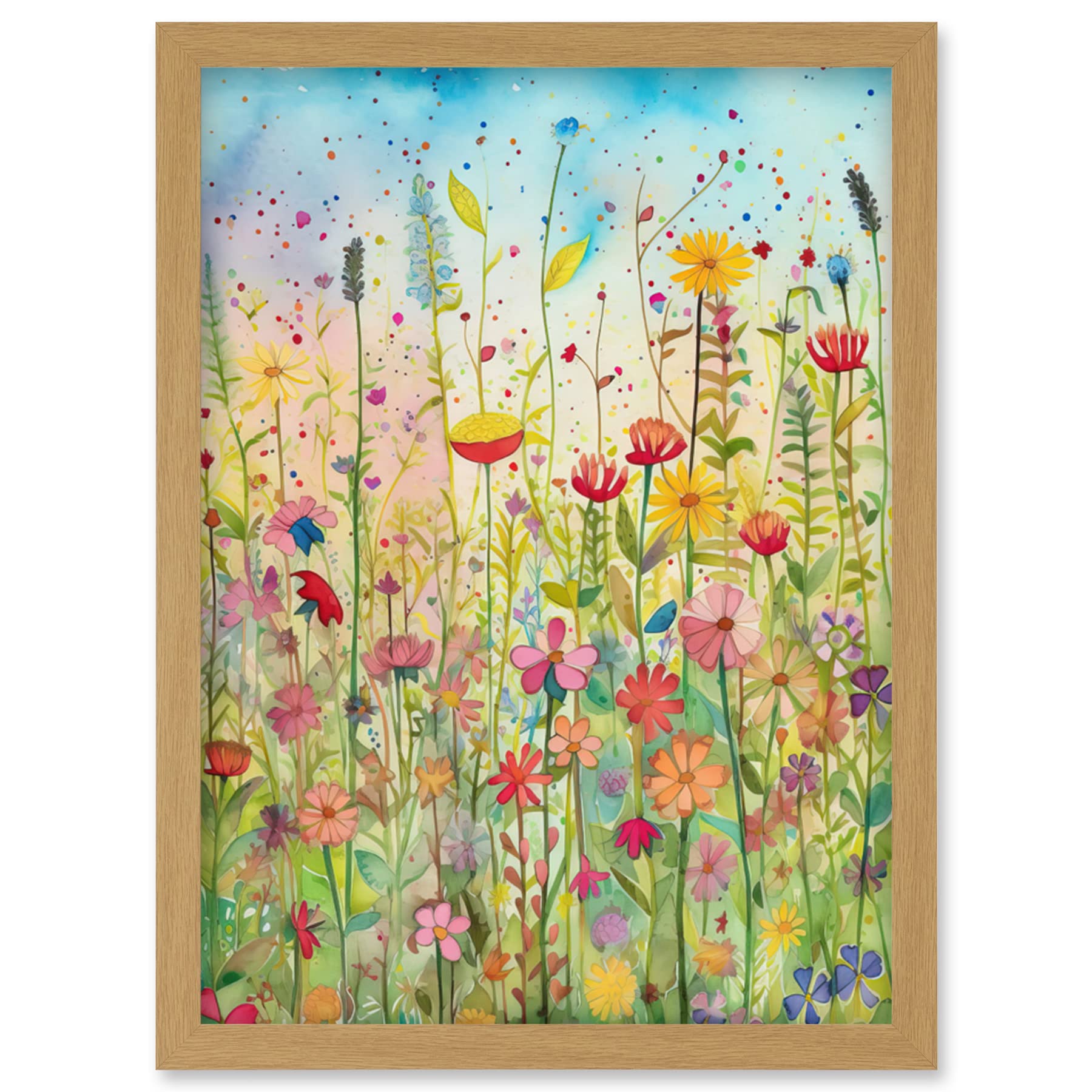 Artery8 Summer Wild Flower Blossom Meadow Folk Art Artwork Framed Wall Art Print A4