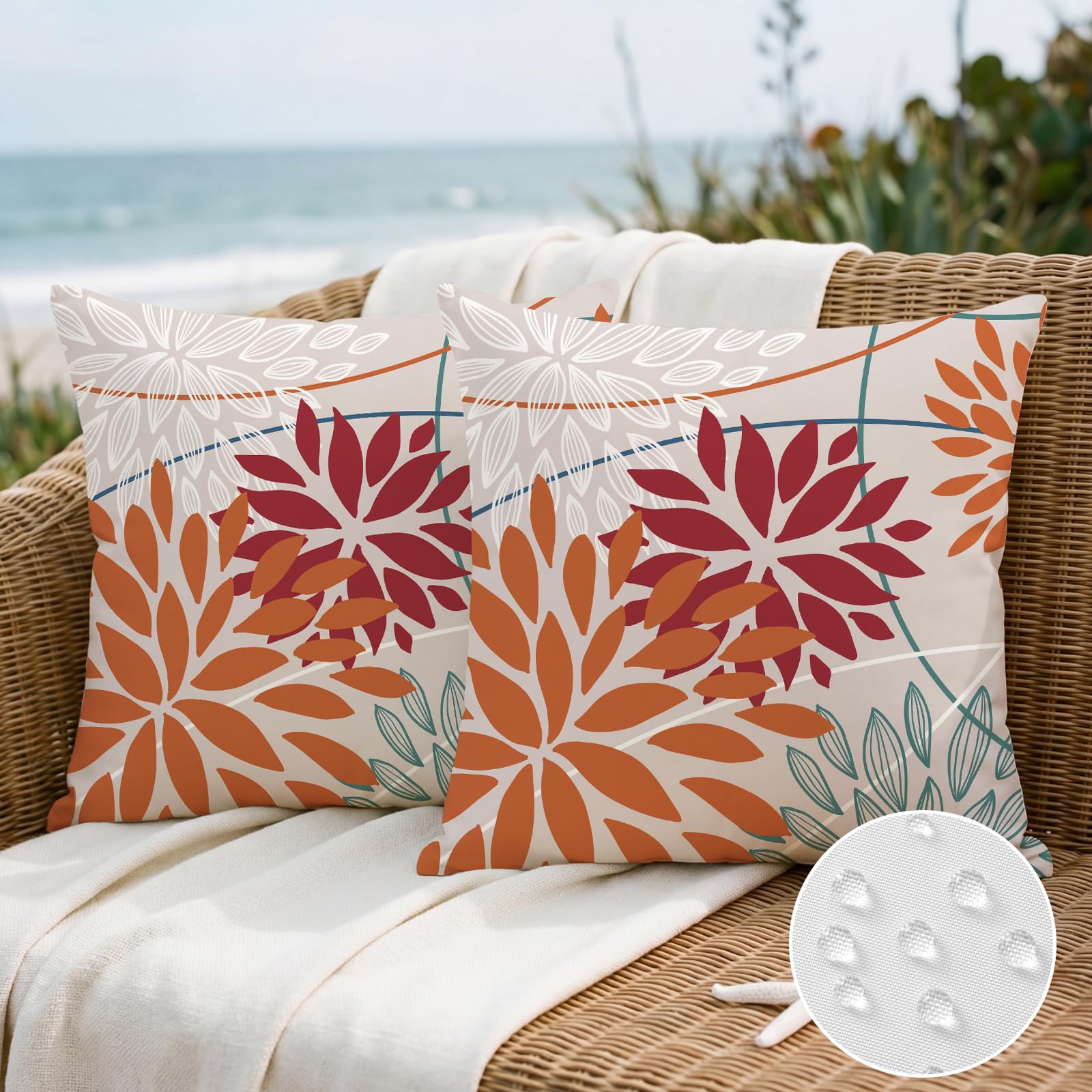 Artscope Outdoor Waterproof Orange Red Cushion Covers Geometric 45x45cm Set of 2 Blue Green Dahlia Floral Pillowcases Outdoor Flowers Pillow Covers for Patio Garden Bench Sofa Farmhouse Decor โ image 1