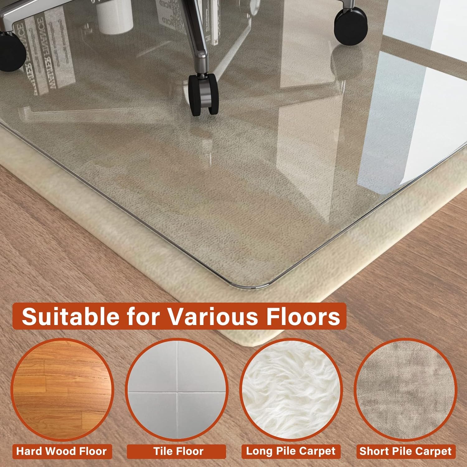 CONGUILIAO Glass Chair Mat 46" x 55" Tempered Glass Office Chair Mat for Carpeted or Hardwood Floors, Computer Floor Protector Mat, Effortless Rolling, Easy to Clean (Transparent)