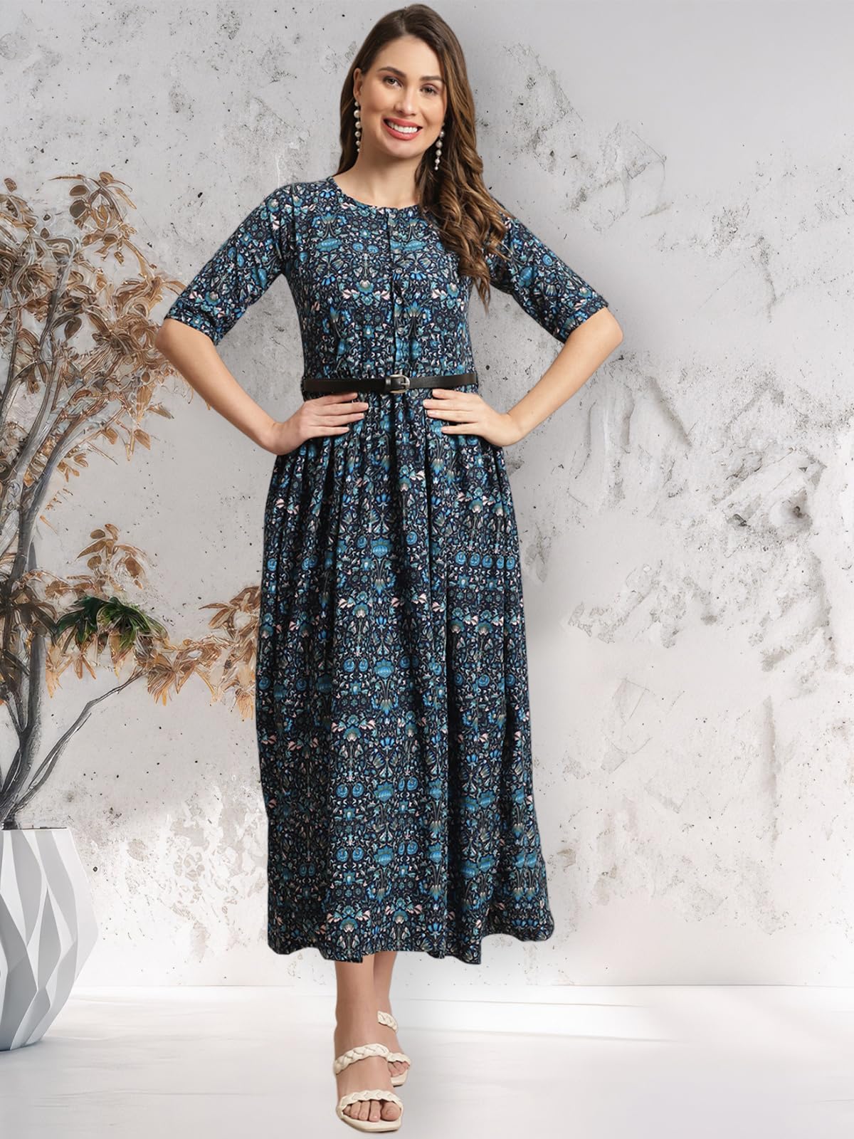 Preneum Women's Dark Blue Fit And Flare Printed Maxi Dress With Belt_105 (2Xl)