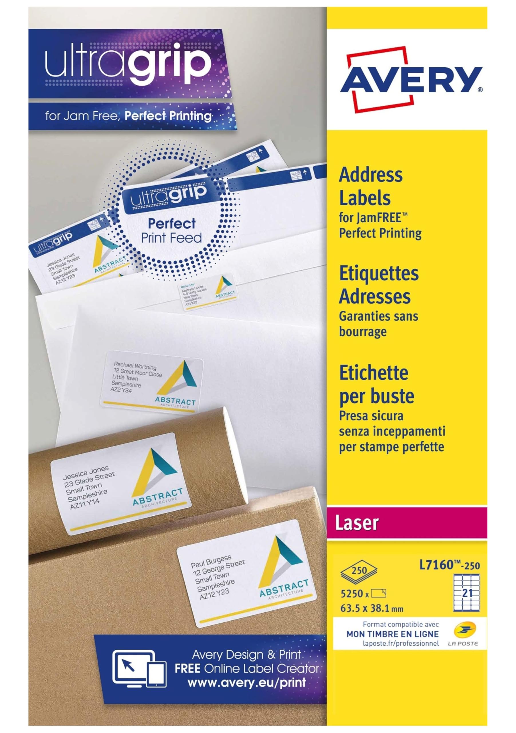 AVERY - 5250 Étiquettes Adresse Autocollantes Blanches Personnalisables - Sans Bourrage - Format 63,5 x 38,1 mm - Impression Laser)
