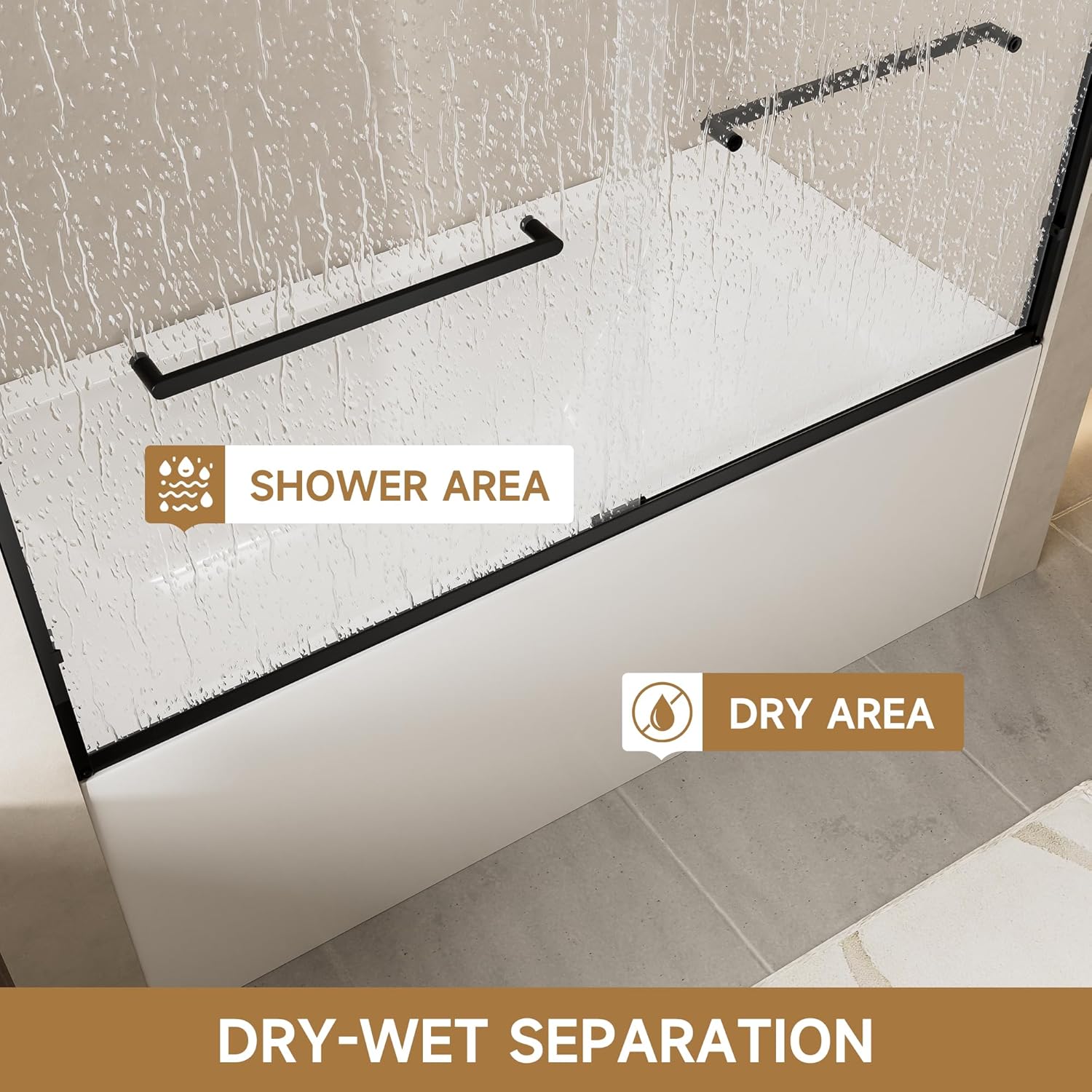 Sliding Bathtub Shower Door, 56-60" W x 57" H Semi-Frameless Shower Door, Matte Black Aluminum Frame with Stainless Steel Towel Bar