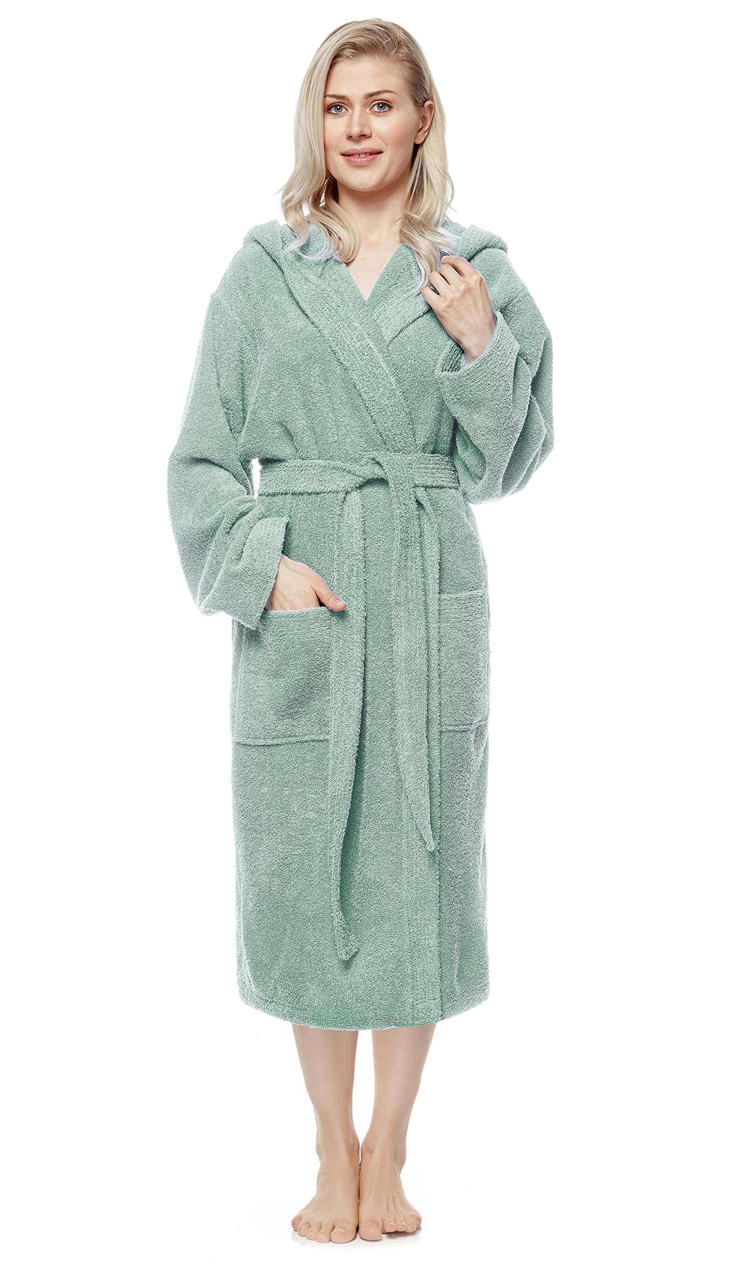 Arus Women's Sea Foam Bathrobe With Hood, Calf-Length, 100% Cotton Terry, Seafoam, S-M