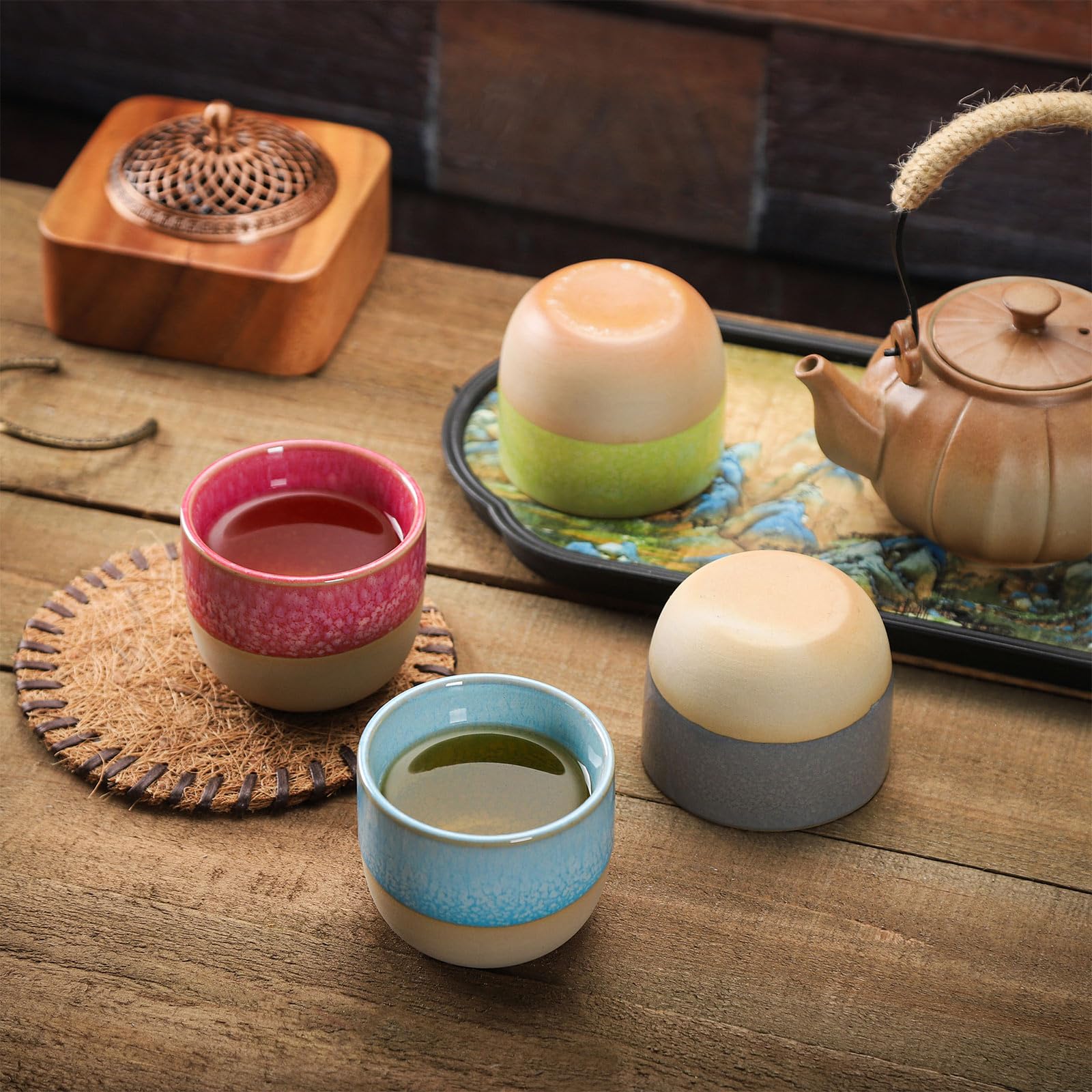 Juego de 4 tazas de café apilables, coloridas y únicas de cerámica esmaltada, Demitasse Espresso, 4 colores, tazas de café expreso de 5 onzas para té y café
