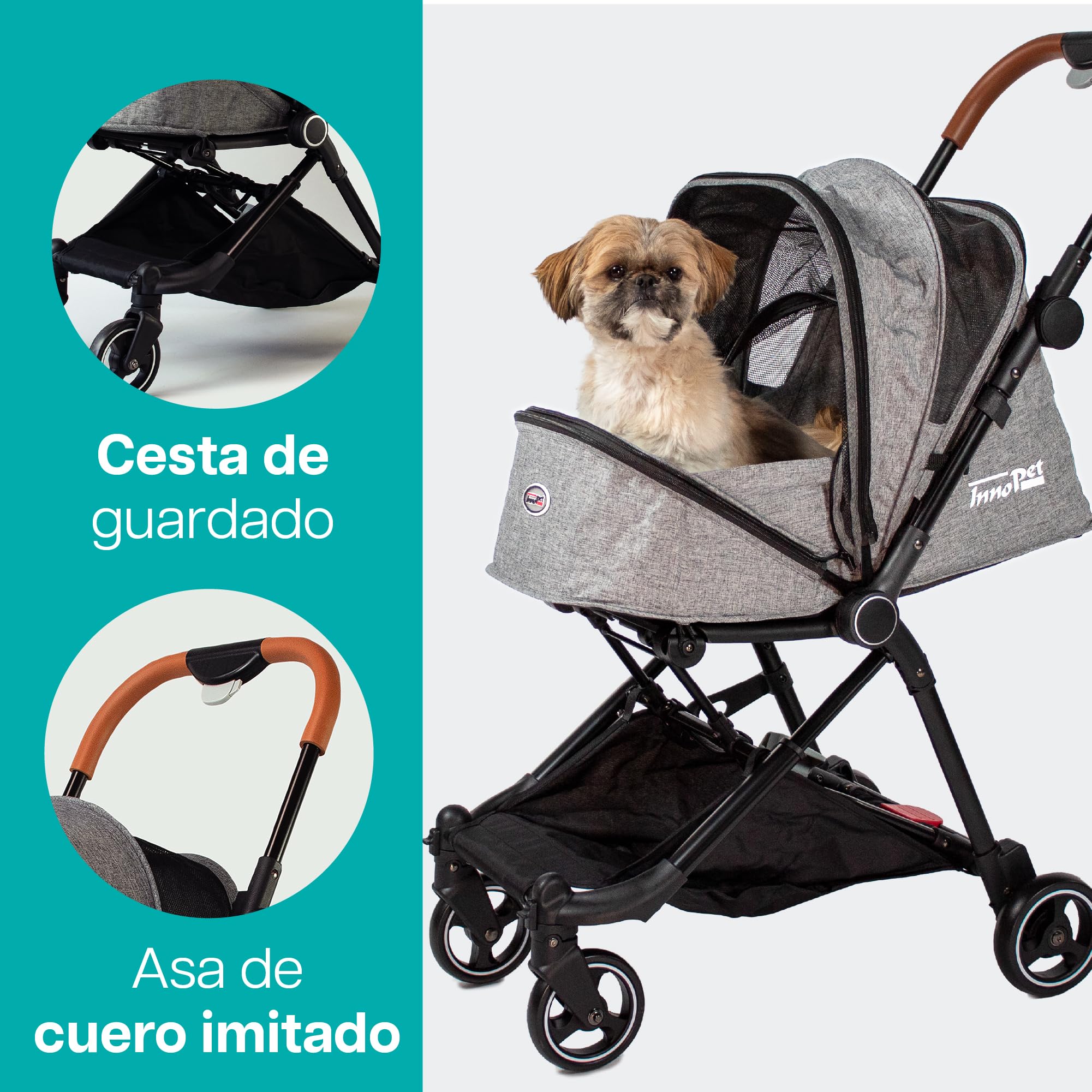 Innopet City carrito gris - Cochecito compacto para perros y gatos hasta 11kg, plegado con una mano, barra de cuero sintético y diseño ligero de 4 ruedas