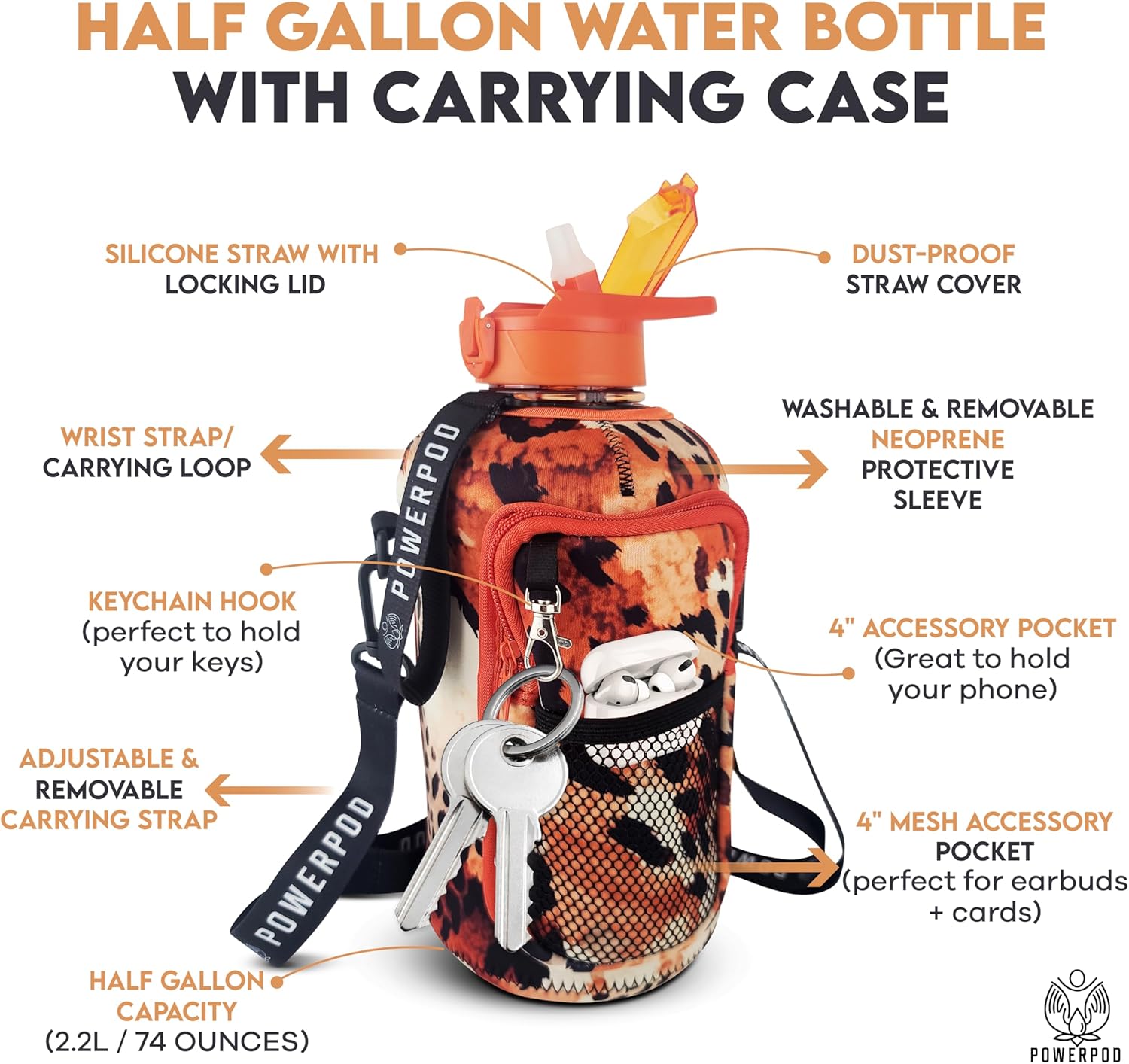 Motivational Half Gallon Water Bottle (74oz, 2.2L) Sports Water Jug + Storage Sleeve, Silicone Straw, Adjustable Carrying Strap - Reusable Water Bottle- BPA Free Water Bottle-Red Leopard