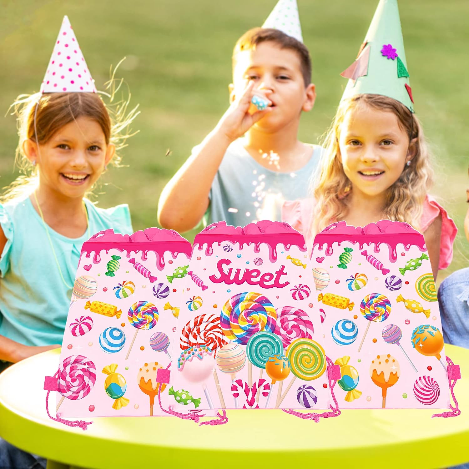 CC HOME 12 Pack Lollipop Drawstring Party Bags,Sweet Candy Gift Treat Bags for Kids Girls Boys Birthday Party, Lollipop Theme Baby Decorations, 10.6 x 13.4inches