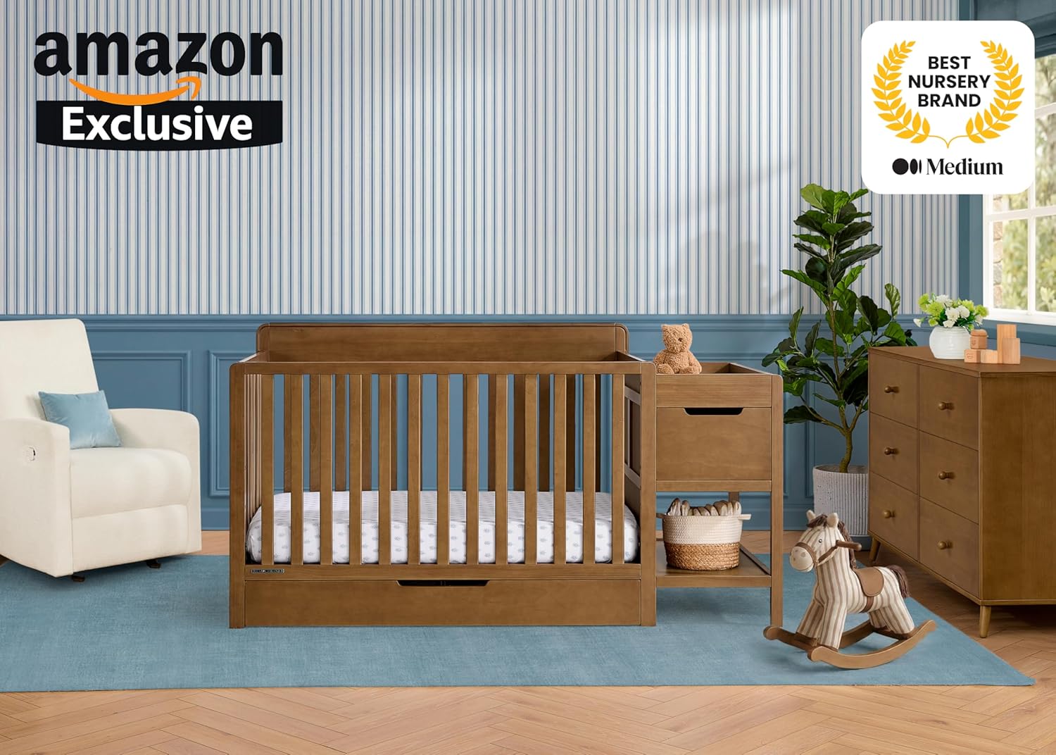 Delta Children Maya 5-in-1 Convertible Crib and Changer with Storage, Converts to Toddler Bed, Daybed, Sofa & Full Bed, Fits Standard Crib Mattress, 3 Mattress Heights for Baby Nursery, Chestnut