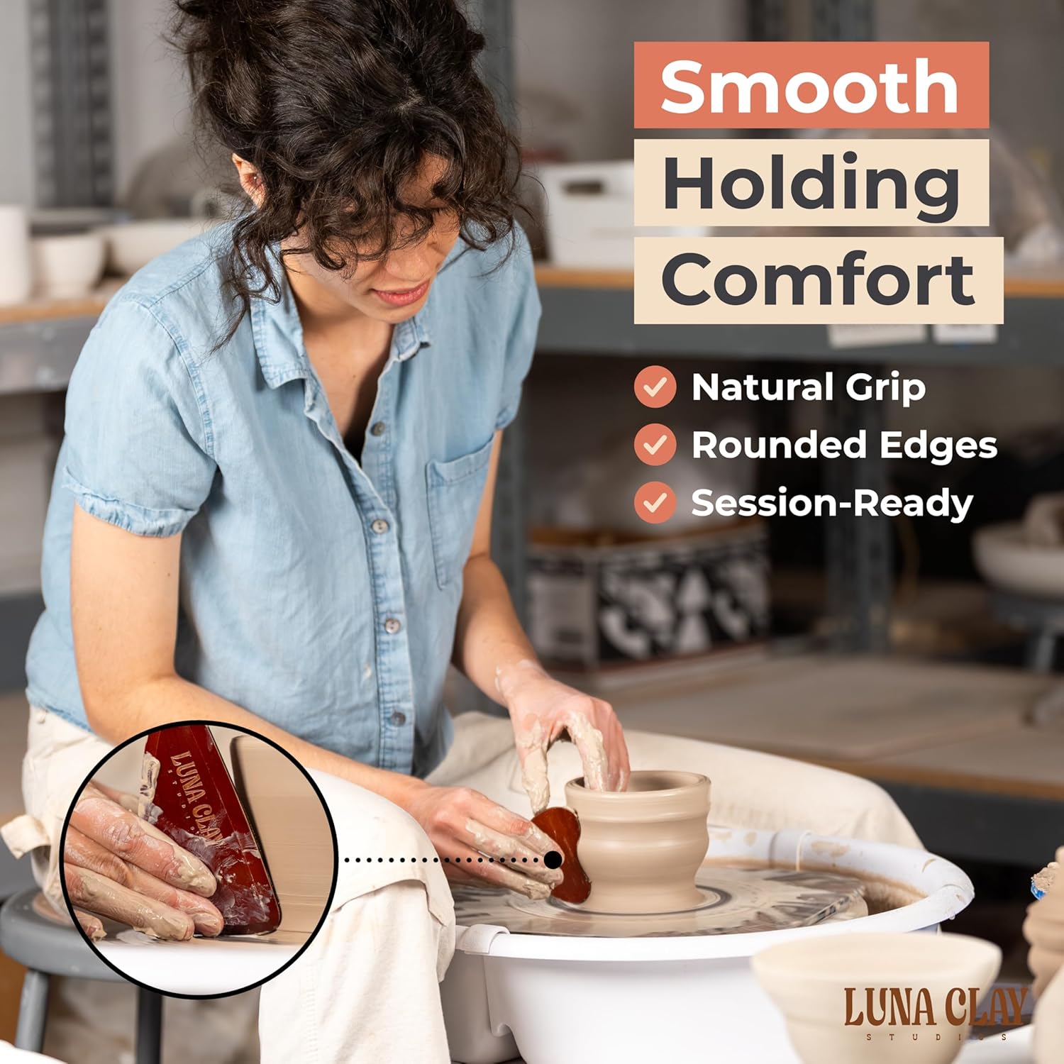 Luna Clay Studios Pottery Ribs 6 Pack - Large Shaping and Trimming Rib Set, Kiln-Dried Cherry Wood Ceramic Tools with Paddle, Round Disc and Serrated Comb for Wheel Throwing