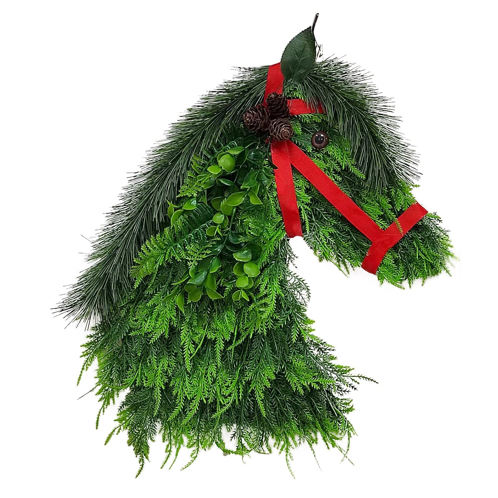 Ghirlanda Natalizia Con Testa Di Cavallo | Decorazione Porta Ingresso | PVC Realistico | 40x30 Cm | Verde E Rosso Per Natale