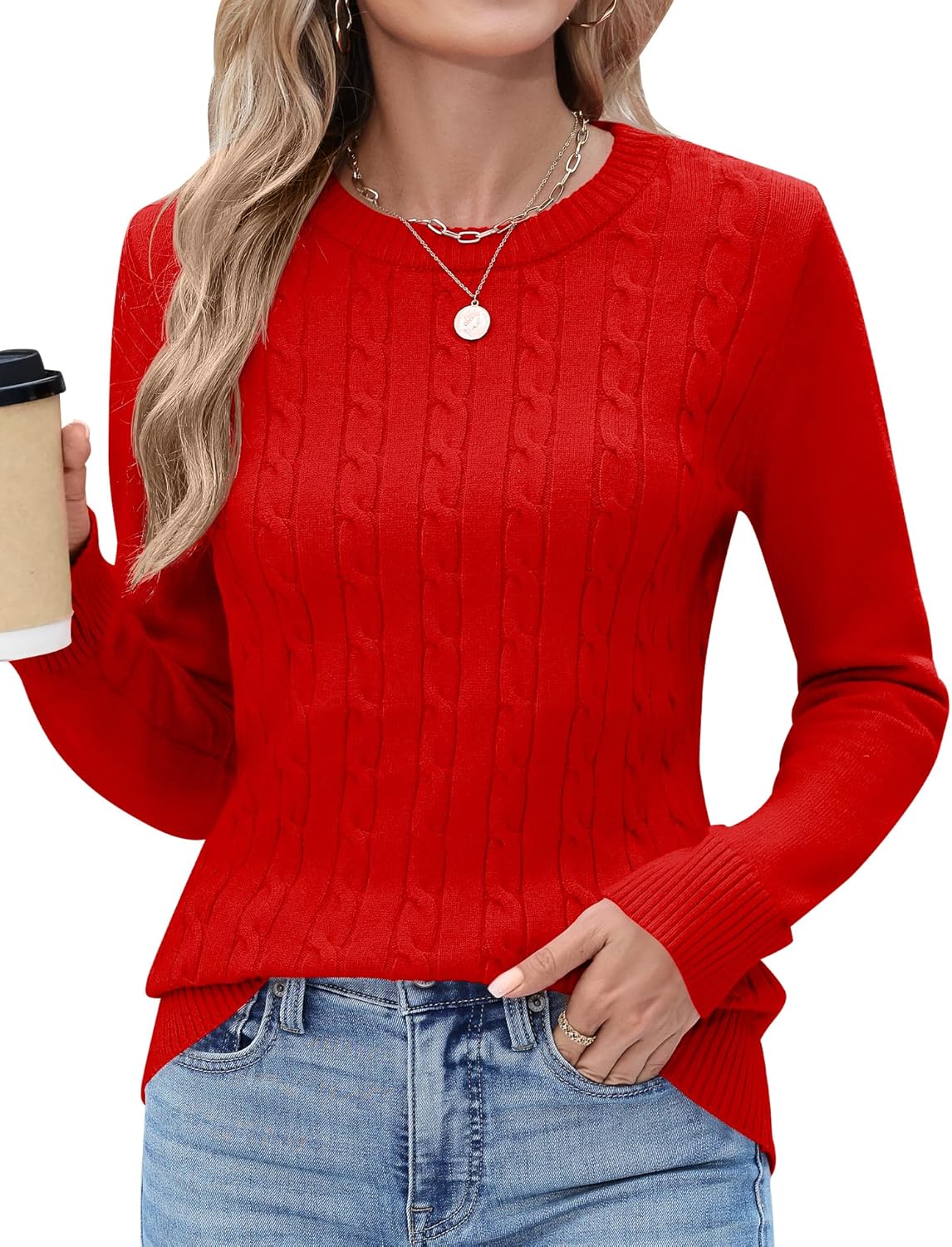 Rapbin Sweaters for Women Long Sleeve Crew Neck Ribbed Knit Pullover Tops Loose Casual Basic Winter Outfits