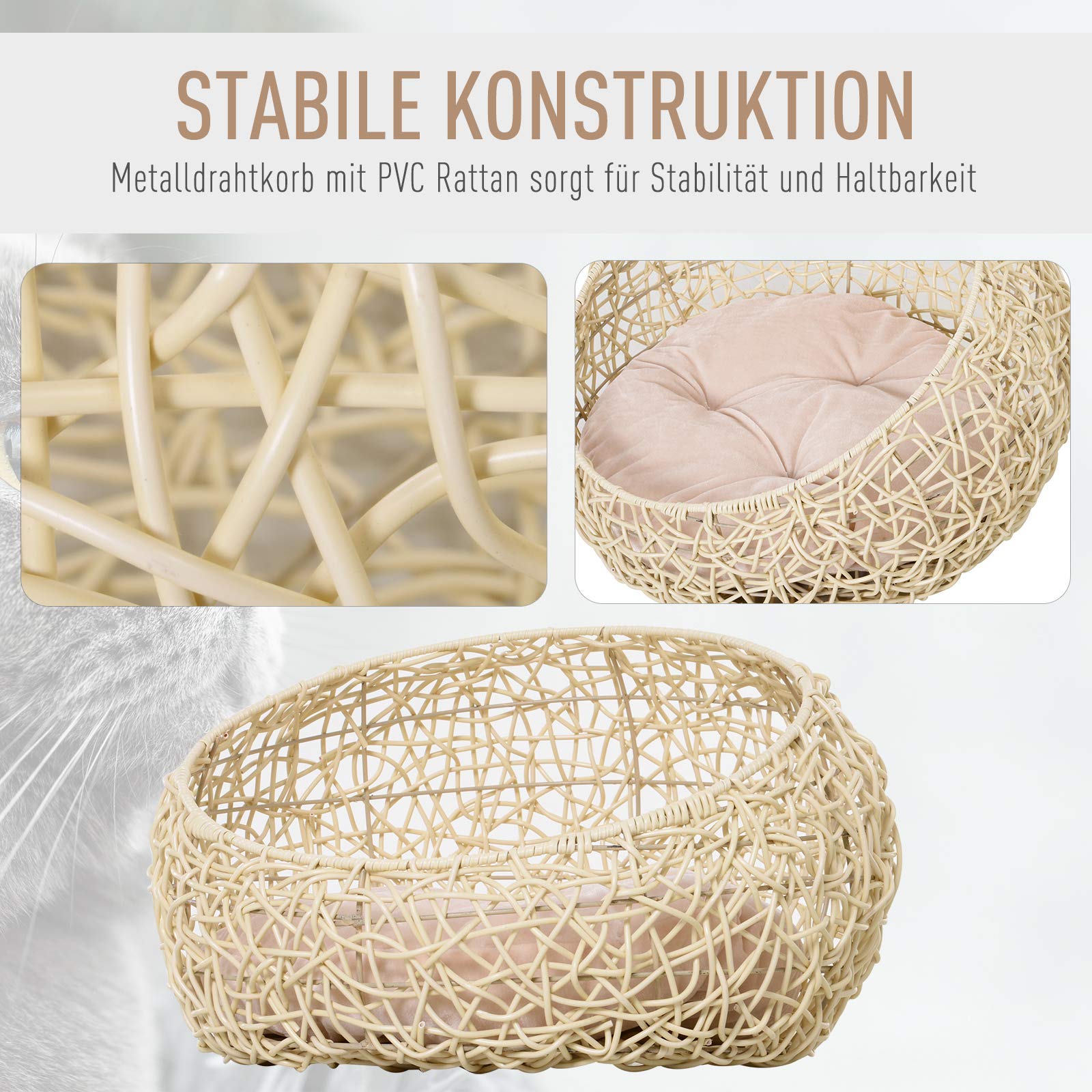 PawHut Rattan Katzenhöhle mit Kissen für Katzen Hunde Ø56 x 35 cm Beige