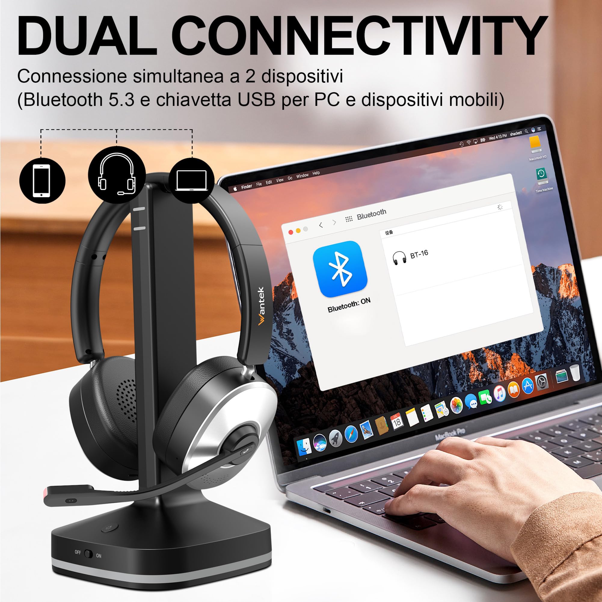 Wantek Cuffie Bluetooth con Microfono,Cuffie Wireless con Dongle USB e Base di Ricarica,Microfono con Riduzione del Rumore,Pulsante Muto per PC Laptop Ufficio Smart Working Call Center Teams Zoom