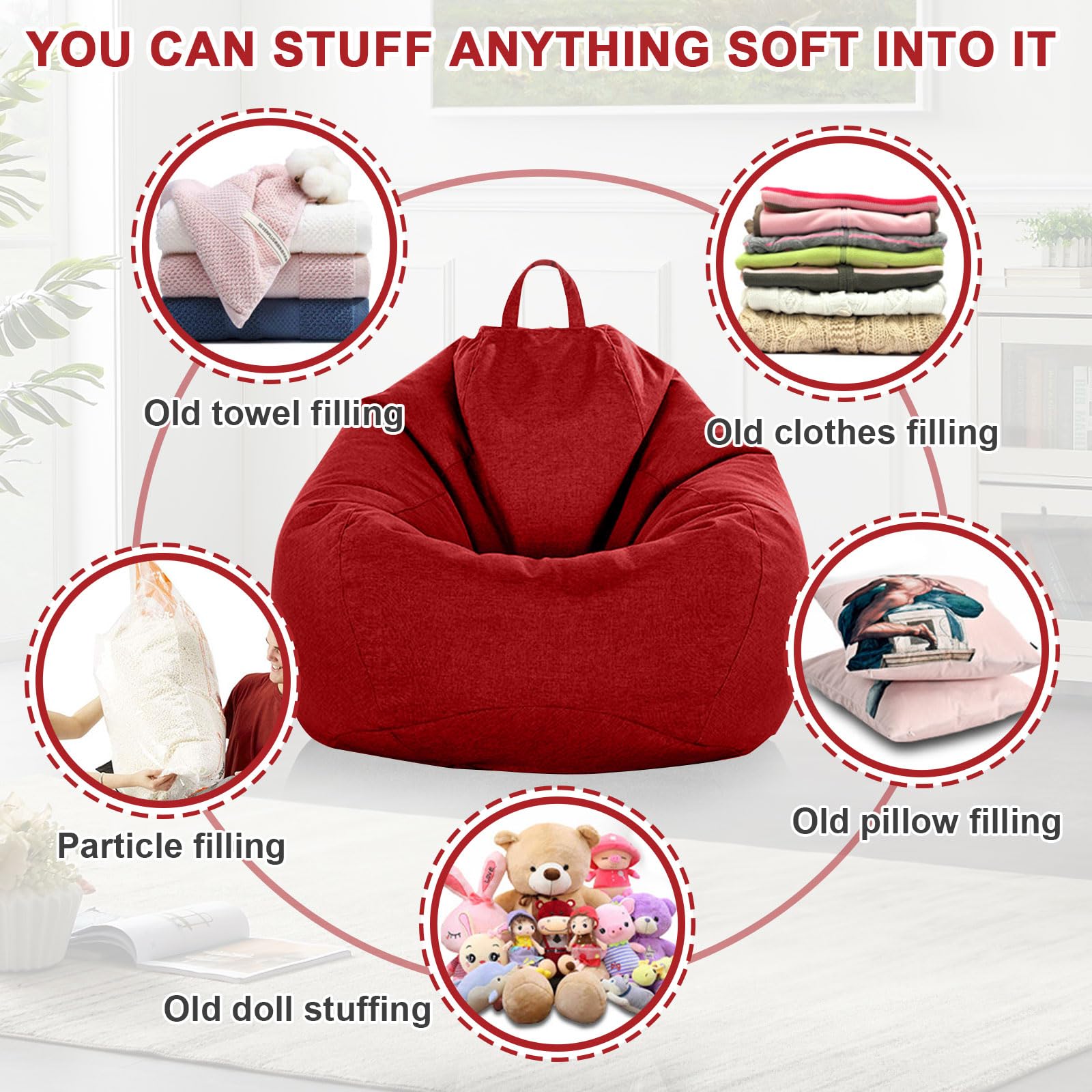 Pouf XL Bean Bag 100 x 120 cm rosso rivestimento esterni con chiusura lampo