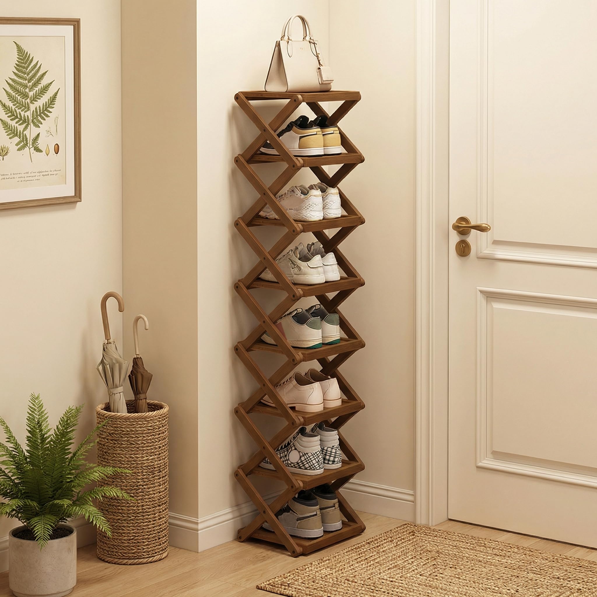 Bamboo Standing Foldable Shoe Rack, Eco-Friendly, 8 Floors