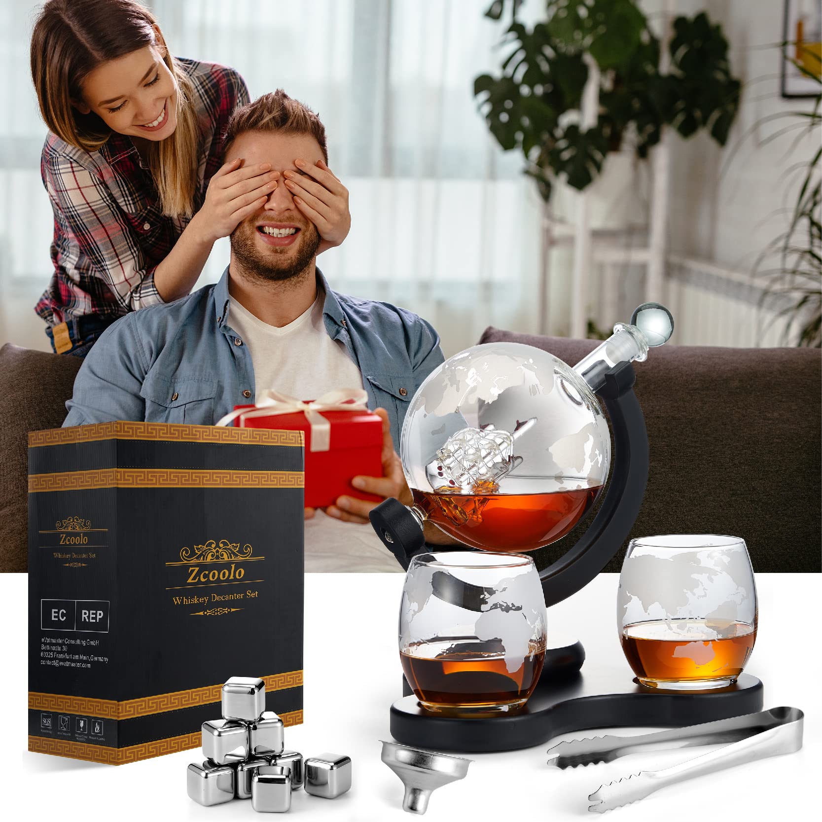 Carafe à Whisky Globe Set 850ml,avec 2 Verres Globe Gravés, Entonnoir en Acier Inoxydable et 8 Pierres à Whisky en Acier Inoxydable,Cadeau Anniversaire Fête des Pères pour Homme (A-850ML)