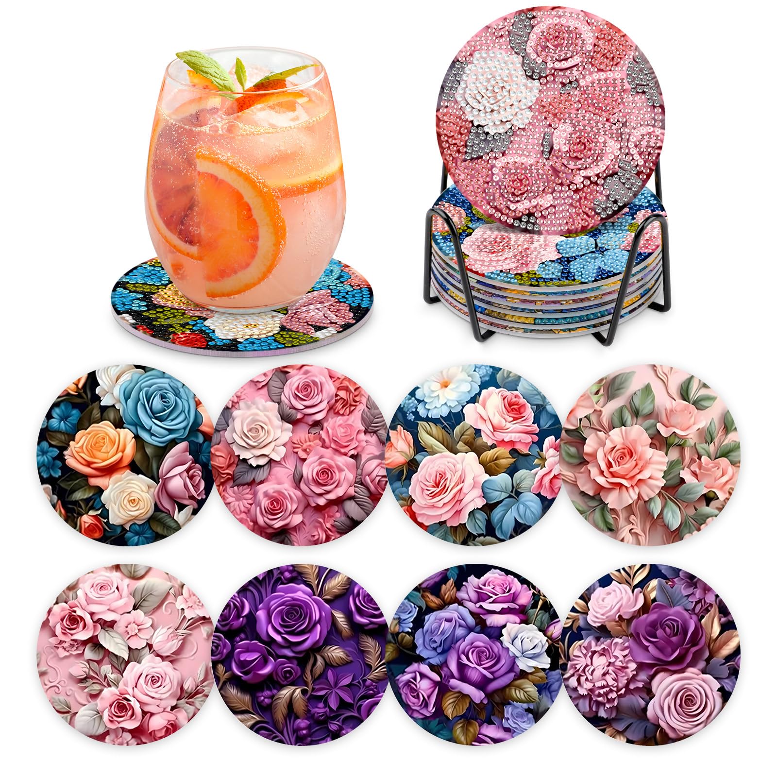 MOGTAA Colorful Rose Diamond Painting Coasters Kit with Holder