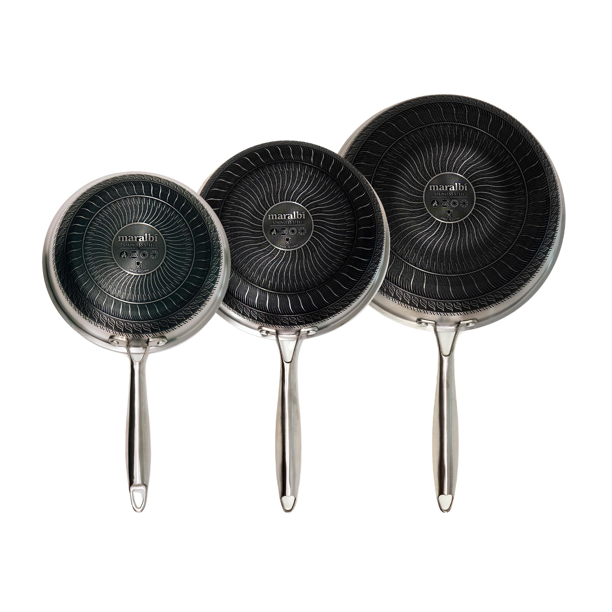 Set 3 Sartenes 20+24+28 cm Acero Inoxidable 18/10 Triply – Interior Panal Antiadherente Sin PFOA – Inducción, Gas, Vitrocerámica y Horno – Mango Remachado