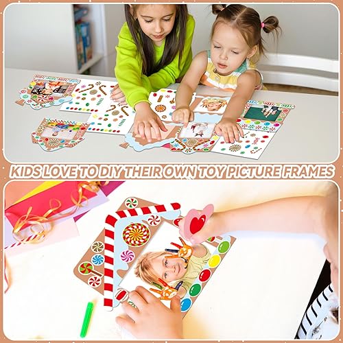 Miniatura 5 de Paquete de 36 marcos de fotos de Navidad para niños, dulces de Navidad con casa de jengibre, manualidades de menta para vacaciones, marcos de fotos,