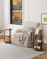 Vista 8 de Mesa auxiliar redonda pequeña, mesa decorativa ovalada de 3 niveles para espacios pequeños, mesa auxiliar de sofá de madera rústica y metal, mesita