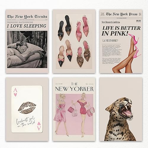 6 piezas de arte de pared en lienzo rosa y leopardo, pintura de guepardo atrevido, póster de periódico femenino retro, imagen de moda The New Yorker