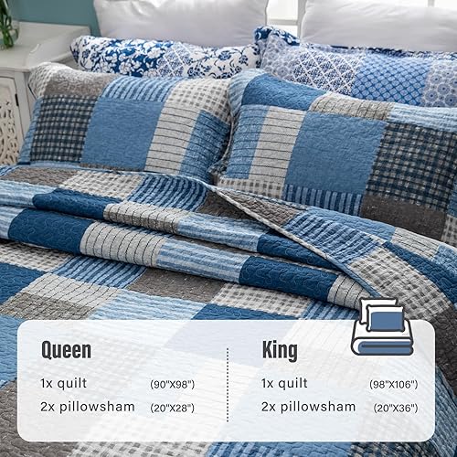 Miniatura 4 de Y-PLWOMEN Juego de edredón de tamaño Queen 100 % algodón, color azul, para cama tamaño Queen, color azul marino, a cuadros, ligero, reversible,