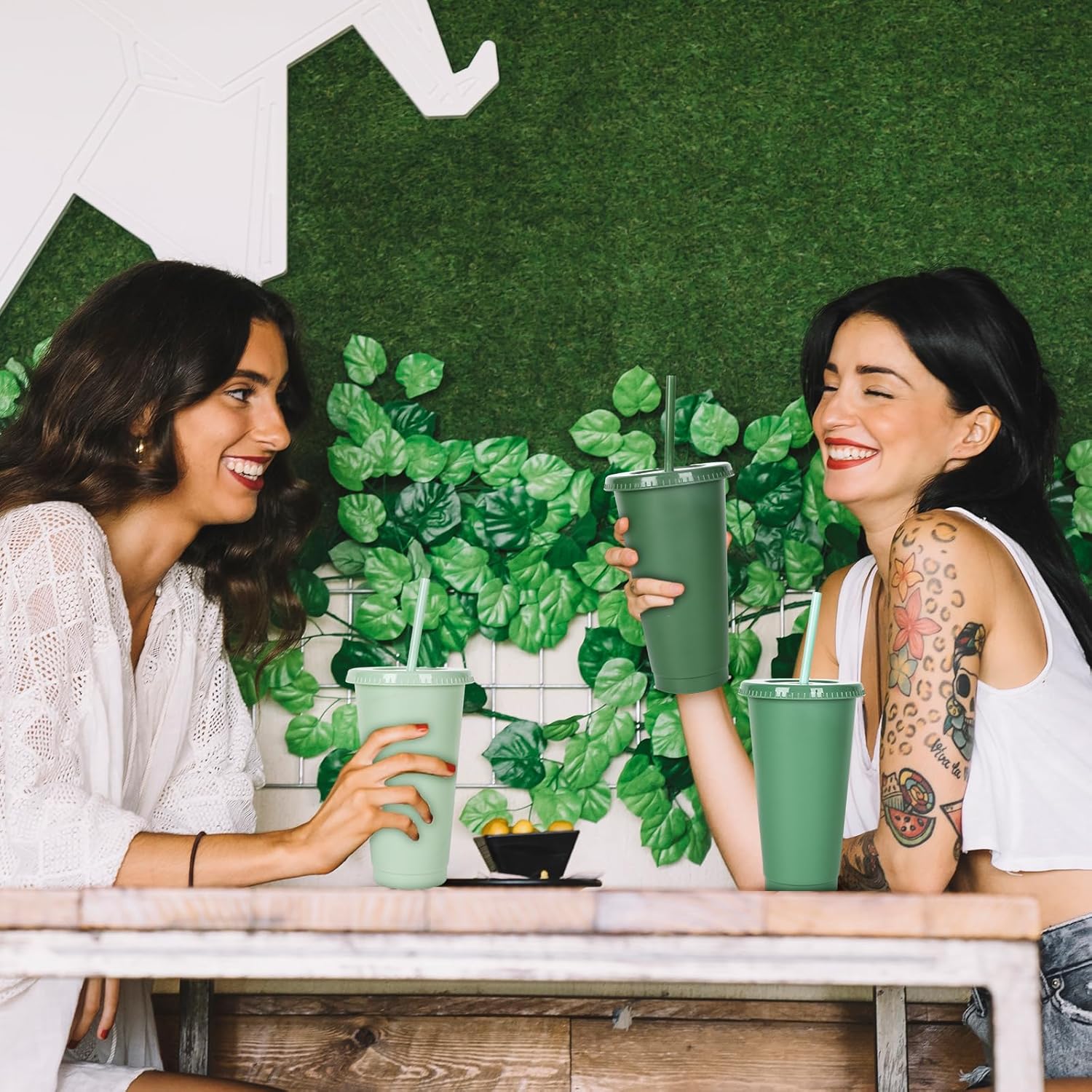 Whaline 12Pcs Sage Green Plastic Cups with Flat Lids and Straws, 24 Oz Gradient Green Reusable Tumbler Travel Mug Cup Party Drinkware Decor for Iced Coffee Beverage Drinks Party Supply - Image 5