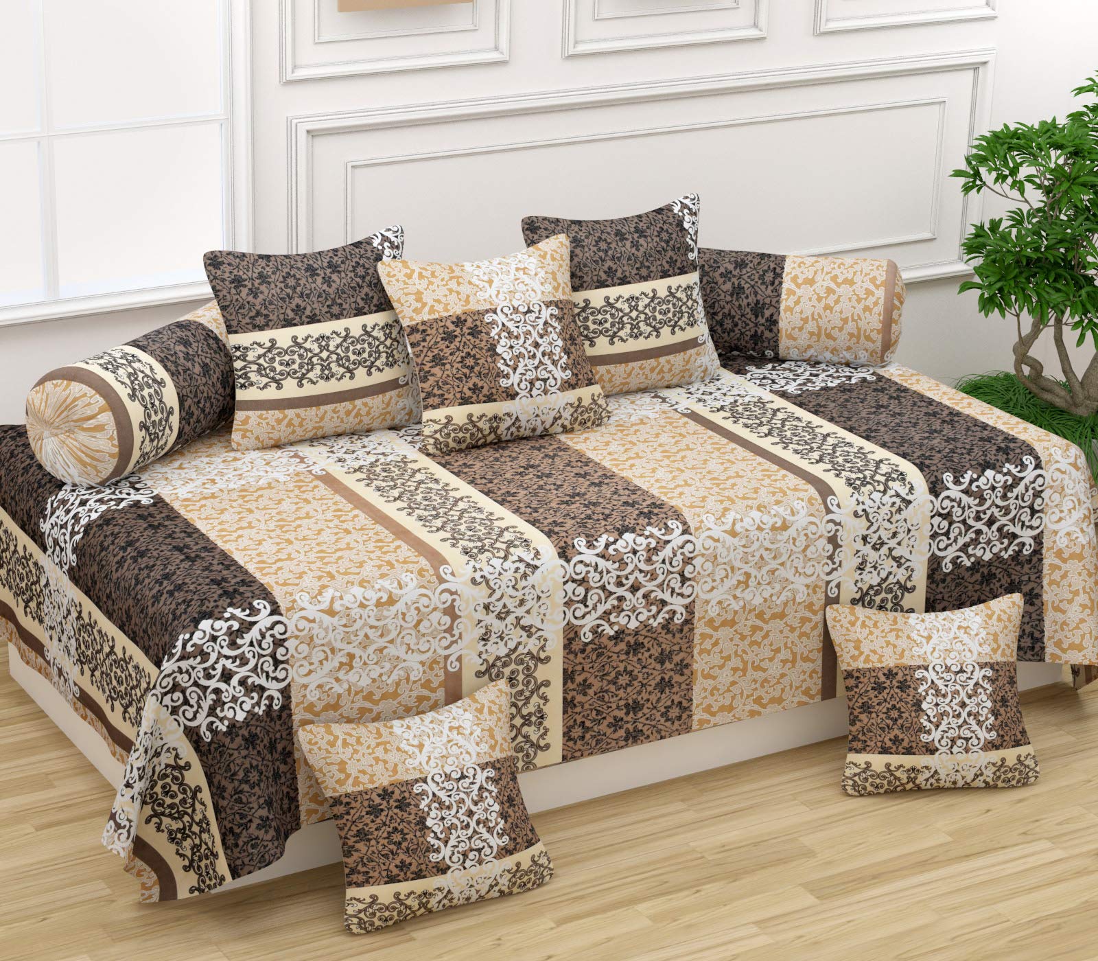 Castiqa Microfibre Unique Patterns 2021 Launches Diwan Set Covers 8 Pcs Set of 1 Bedsheet 2 Bolsters and 5 Cushion Covers (White Print)-picture-12