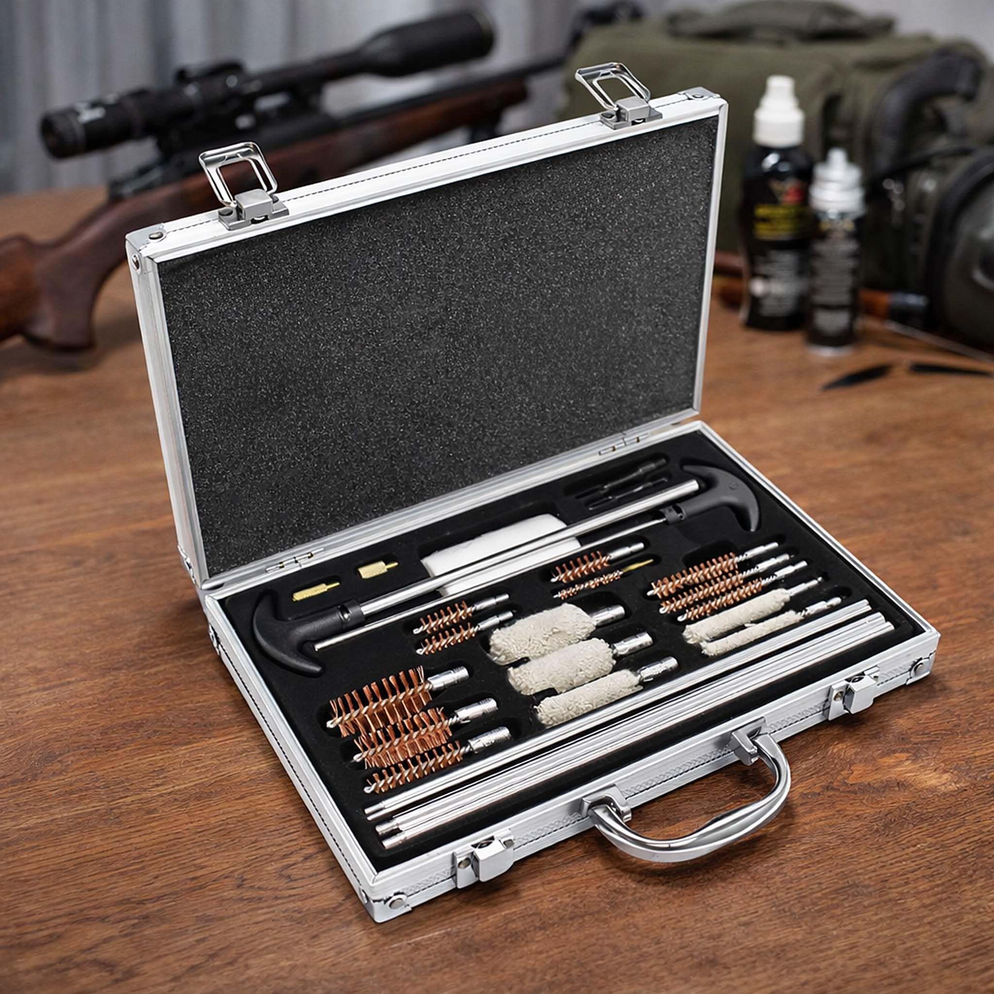 Kit Pulizia Armi Universale – 10 Spazzole In Bronzo, 5 Mop, Aste E Punte, Custodia In Legno, Per Calibri 9mm, 5.56mm, Calibro 12