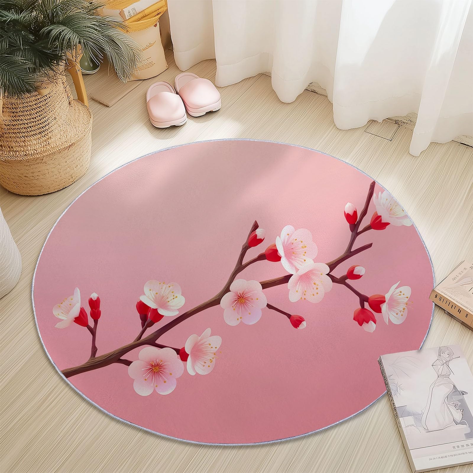 Tapis rond lavable 180cm style simple à imprimé fleur de cerisier rose pour salon