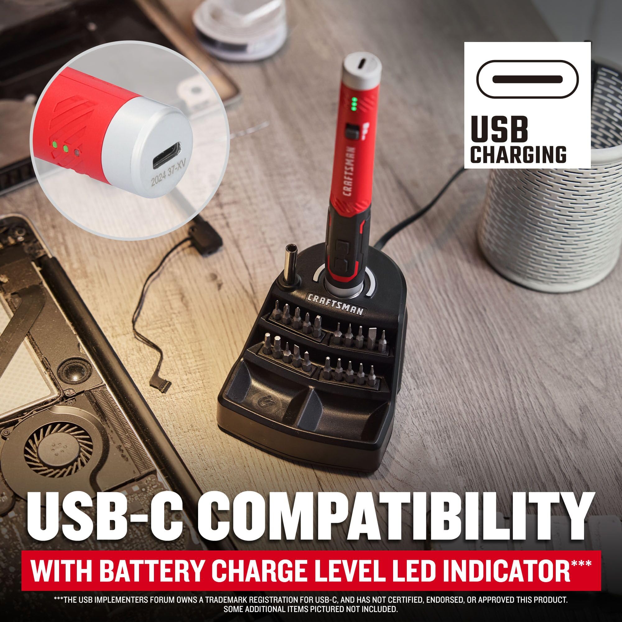CRAFTSMAN Juego de destornilladores eléctricos inalámbricos de 25 piezas, juego de destornilladores de precisión de 4 V, potencia recargable, compatible con USB, incluye almacenamiento de juego de