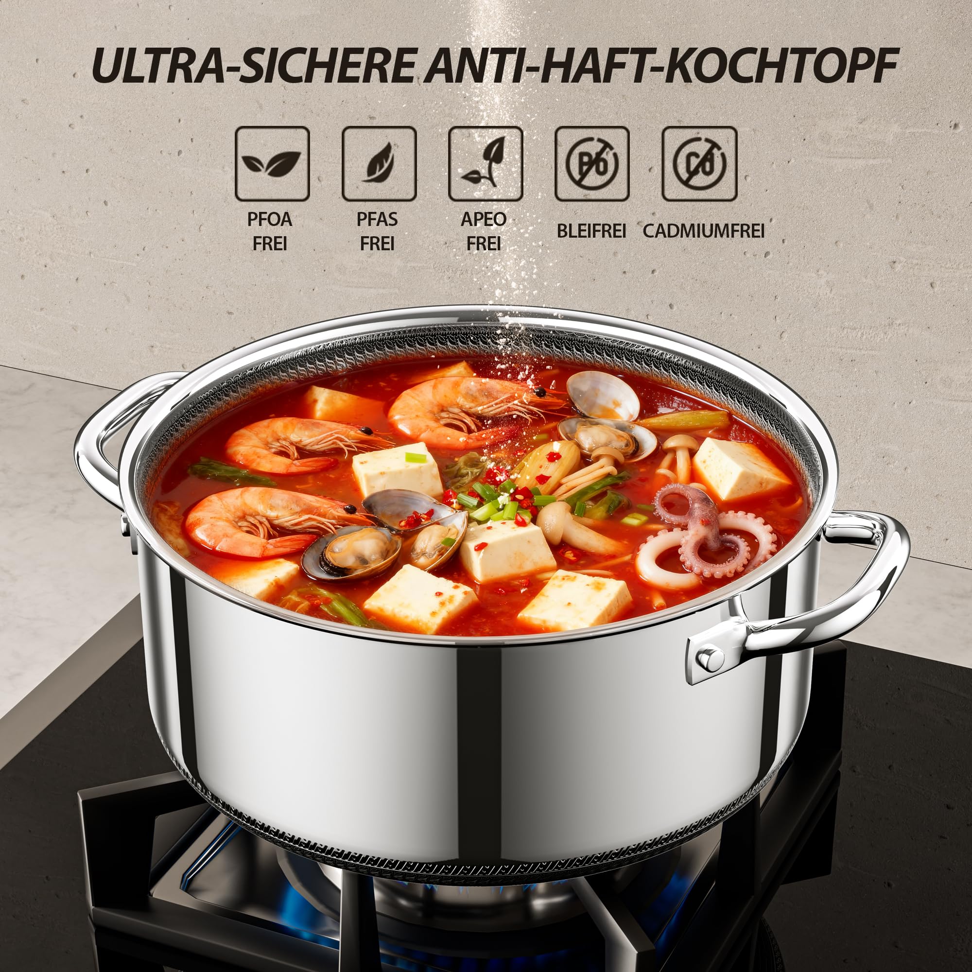 Kochtopf mit Deckel Hybrid 20cm/1.7L, Suppentopf Induktion Antihaft, Kühl bleibender Griff, Spülmaschinenfest, PFAS, PFOA und PTFE Frei, Ofenfest bis 260 °C, Geeignet für Alle Herdarten