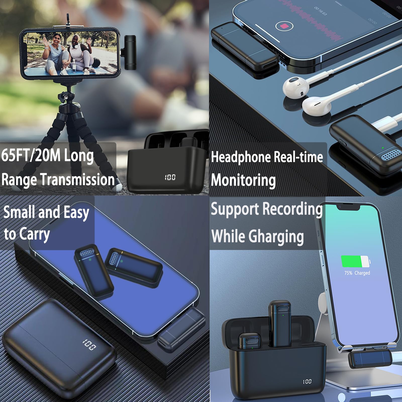 2 micrófonos Lavalier inalámbricos 3 en 1 para iPhone, iPad, USB C, Android, portátil, con funda de carga, micrófono de solapa con clip, mini micrófono inalámbrico para grabación de video, vlogging