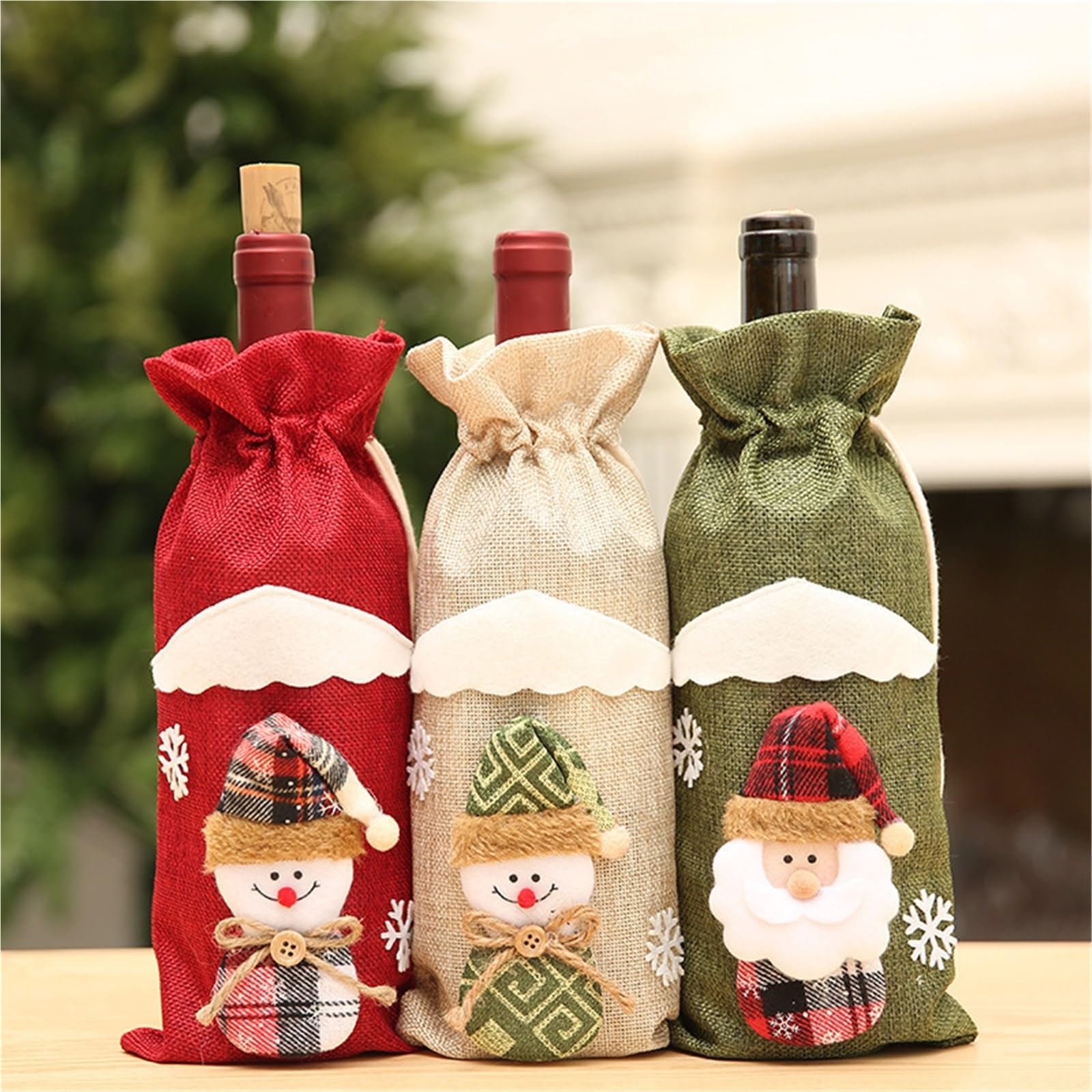Lot de 3 Housses Bouteille vin Rouge Champagne Noël, Sac en Lin, Ensemble Bouteilles Table, Habillage pour Bouteilles