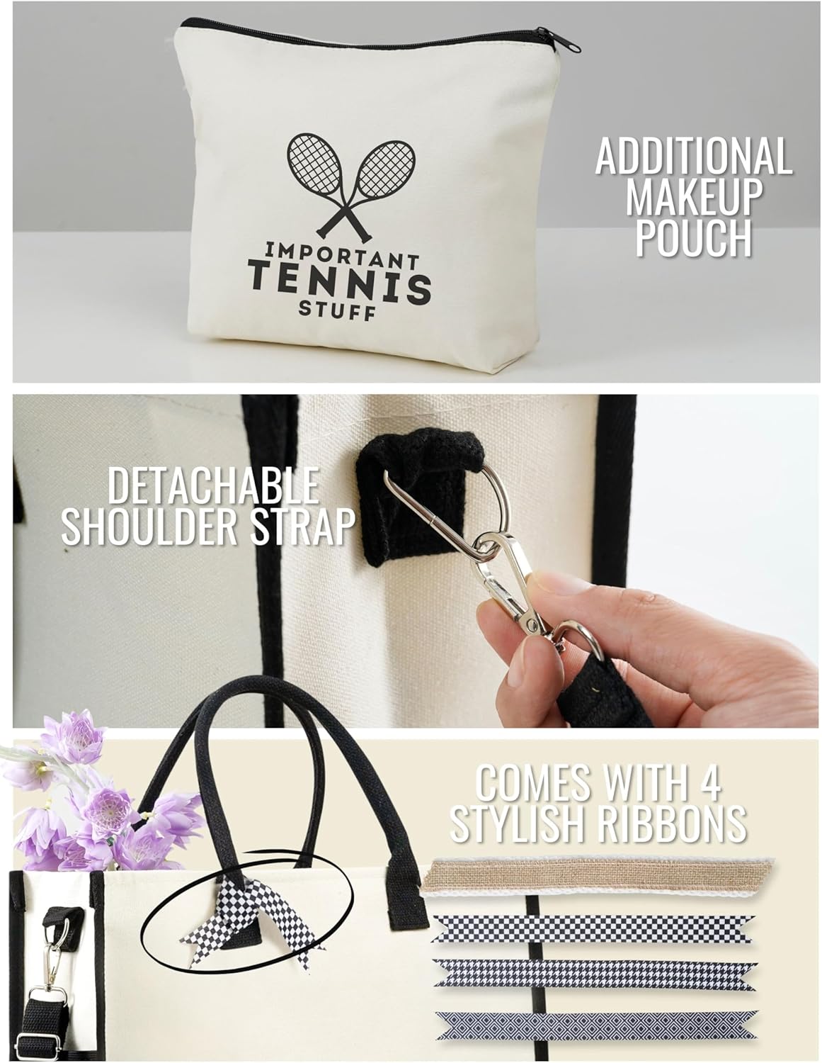 InnoBeta Tennis Gifts for Women Tote Bag with Zipper Shoulder Strap for Tennis Lovers Coaches Birthday Christmas - Image 4