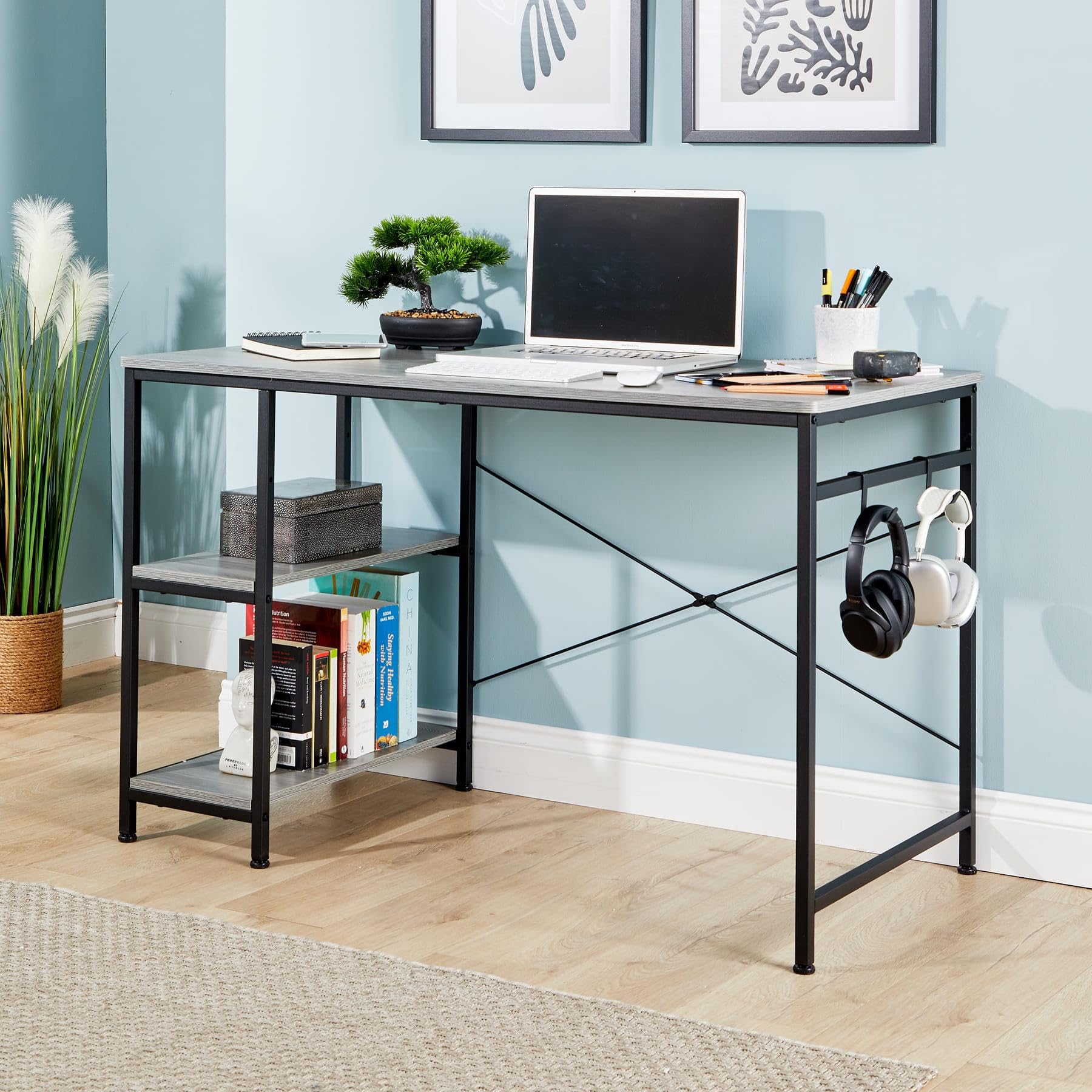 Home Source Stanton Computer Desk PC Laptop Table Home Office Study Gaming, Grey Oak Effect