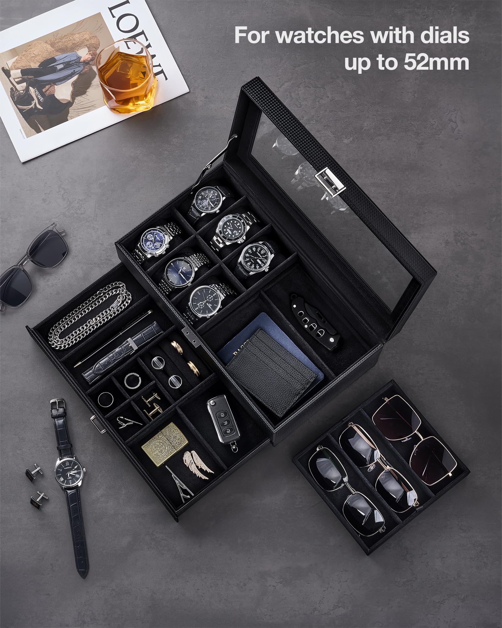 ProCase 6 Slot Uhrenbox & 3 Slot Brillenbox, 2 Ebenen Uhrenkoffer Herren Schmuckkästchen, Uhrenkasten für Sonnenbrillen Schmuck Ringe Armbänder Halsketten -Ganzschwarz