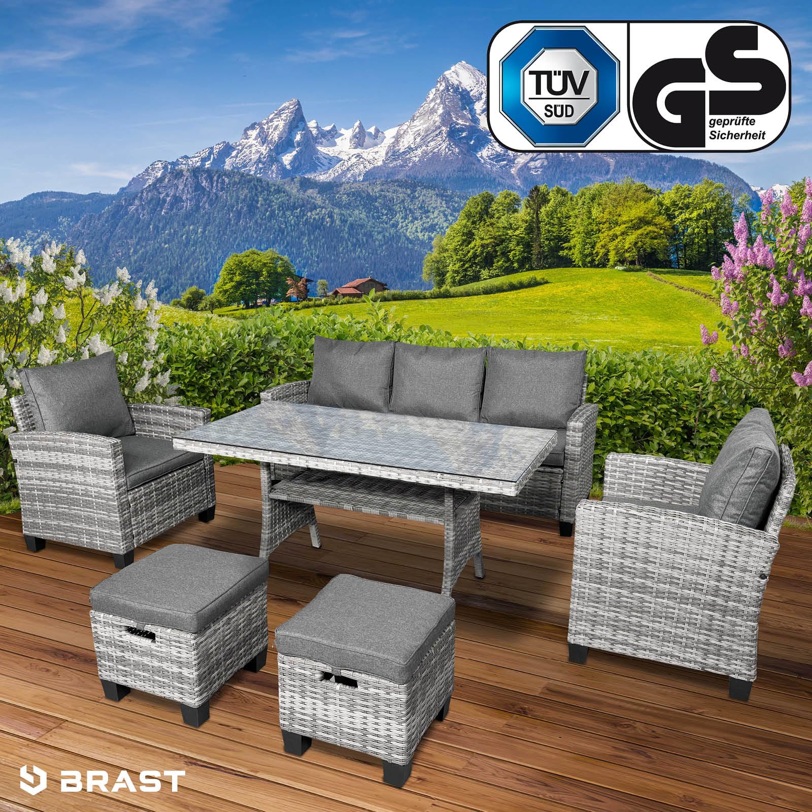 BRAST Gartenmöbel Set Delight | bis zu 7 Personen viele Farben | incl. extra Dicke Kissen | TÜV geprüft | Outdoor Loungemöbel Sitzgruppe Essgruppe Garnitur | Grau/Anthrazit