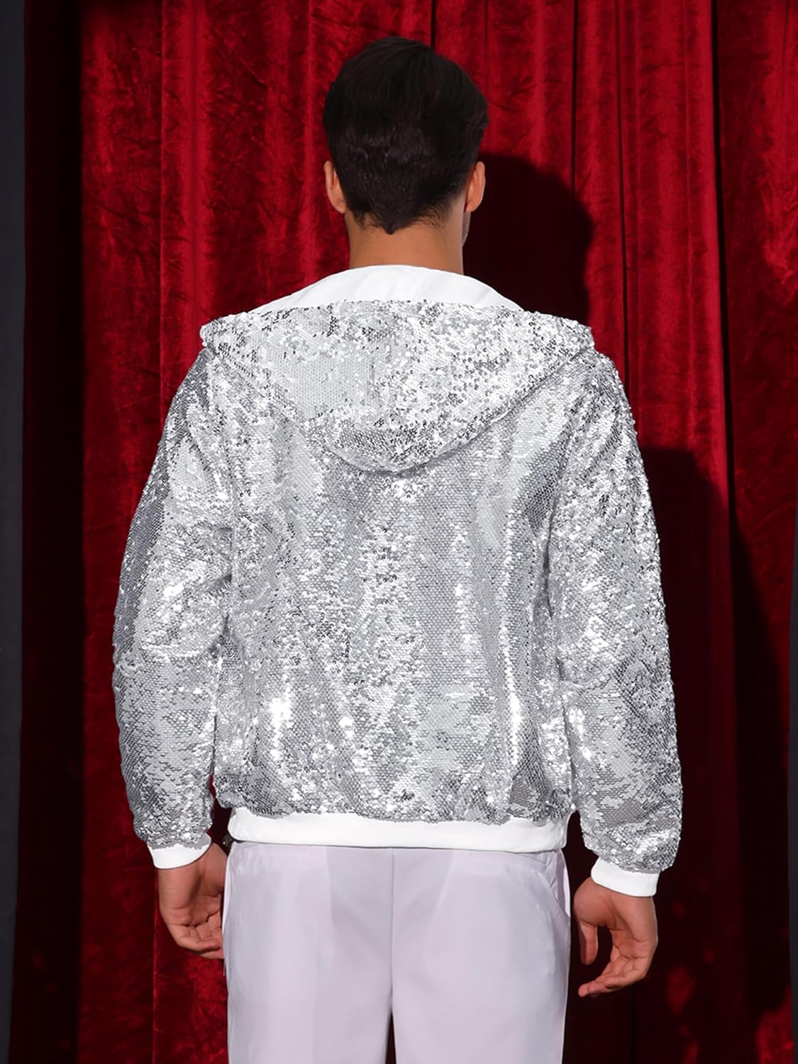 Lars Amadeus Sequins Jacket for Men's Long Sleeves Zip Up Flip-Sequin Sparkle Metallic Hoodie Jackets